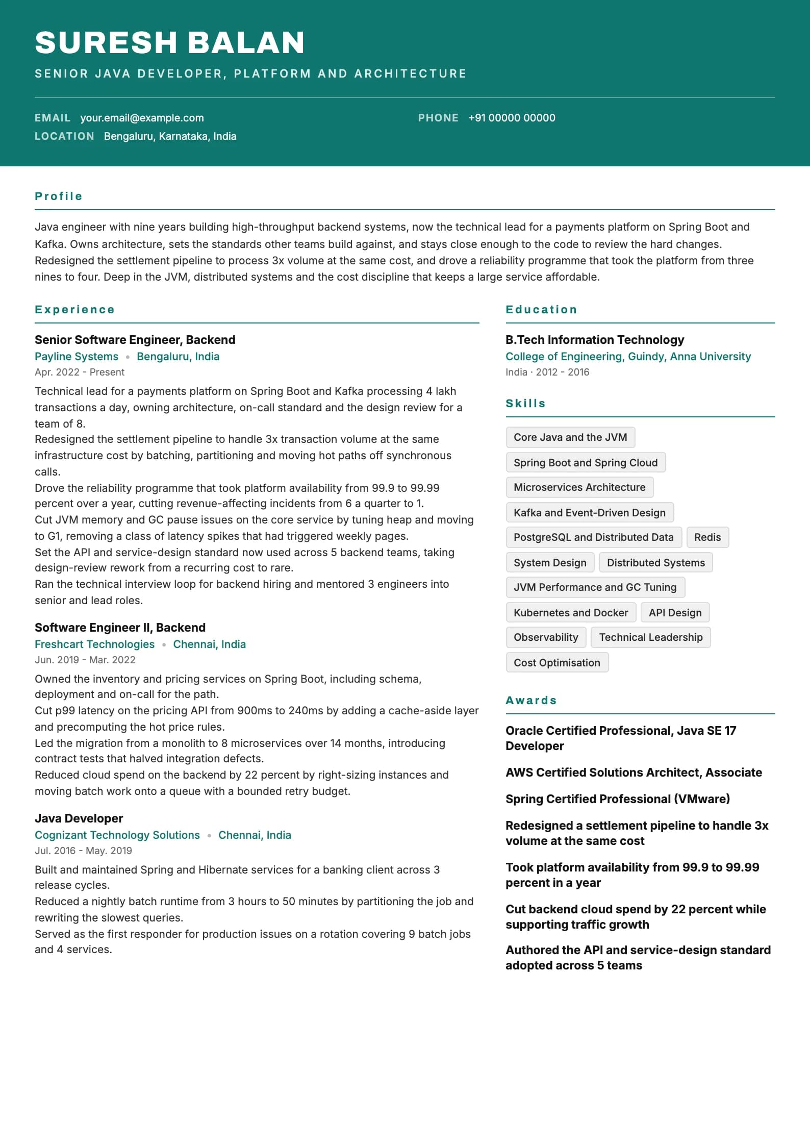 Java Developer resume example for Senior (9 years), header-band template, showing professional summary, work experience, skills, education and certifications