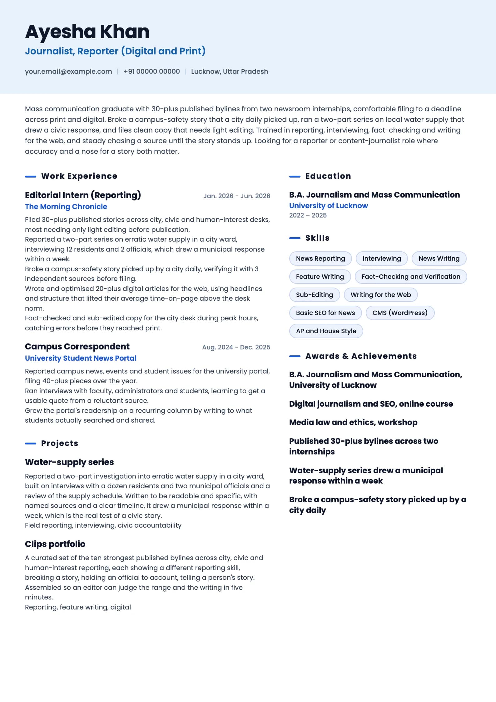 Journalist resume example for Fresher (0 years), ai-era template, showing professional summary, work experience, projects, skills, education and certifications