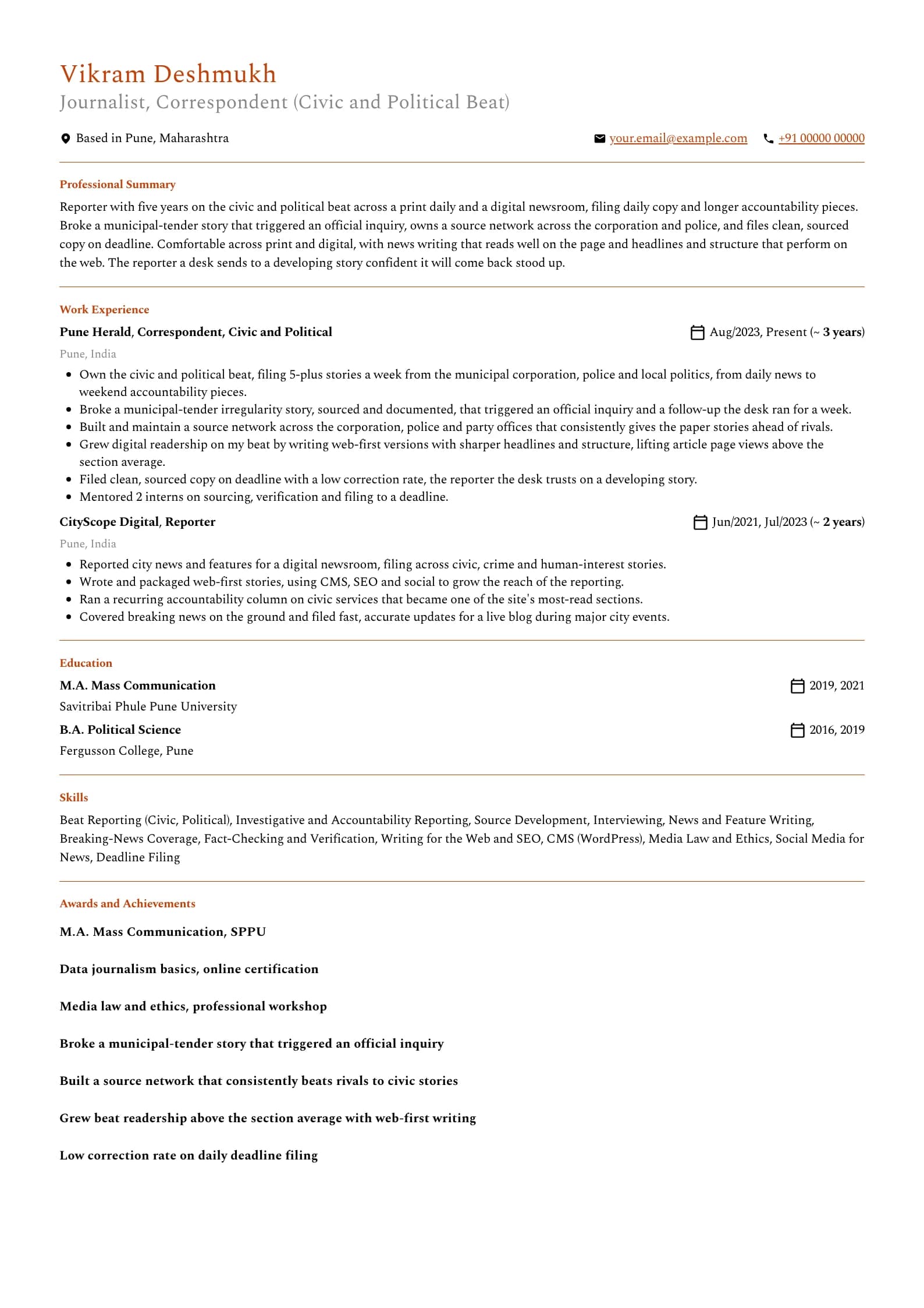 Journalist resume example for Reporter (5 years), professional template, showing professional summary, work experience, skills, education and certifications