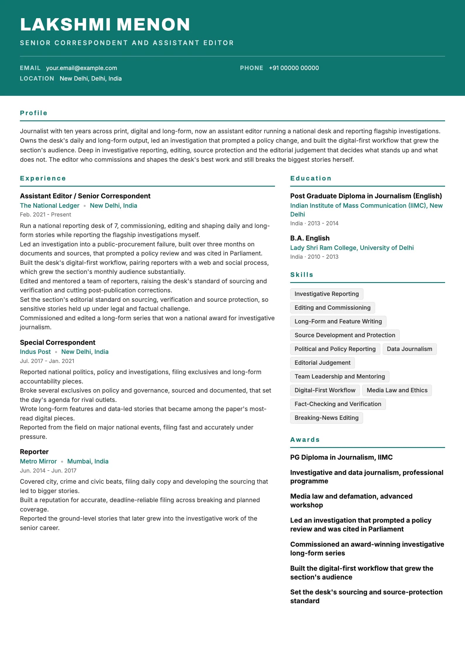 Journalist resume example for Senior (10 years), header-band template, showing professional summary, work experience, skills, education and certifications