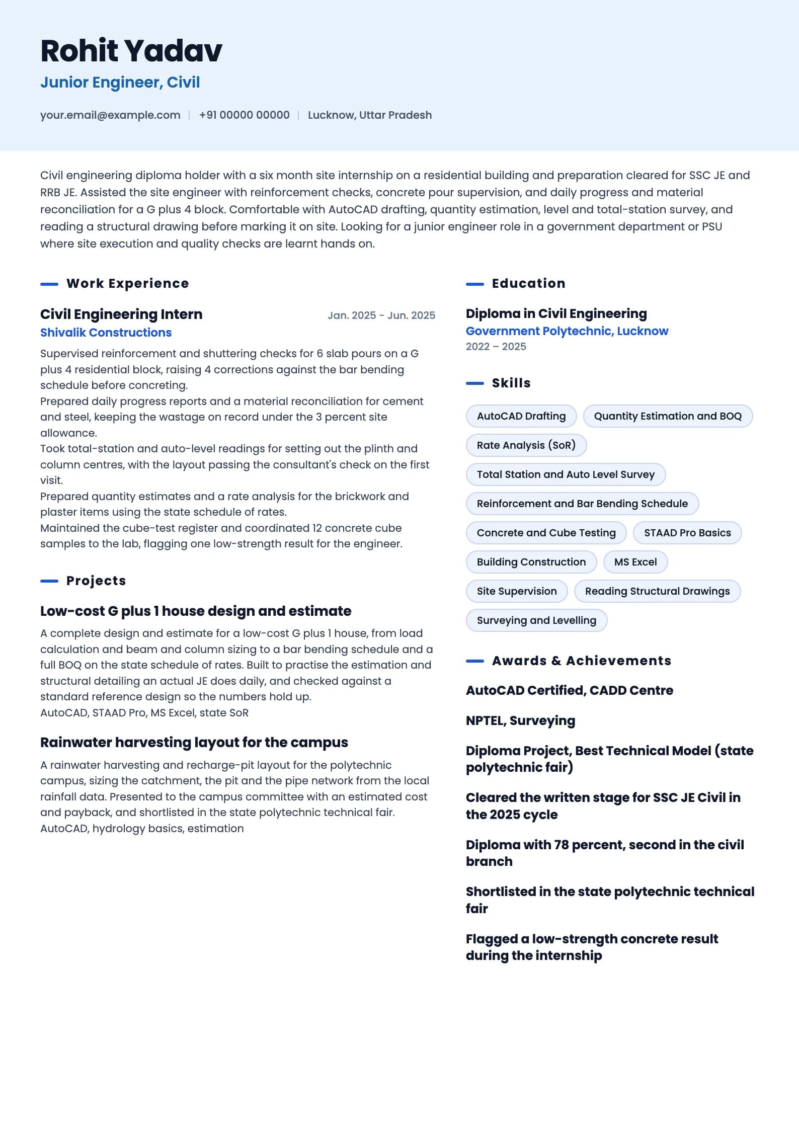 Junior Engineer resume example for Fresher (0 years), ai-era template, showing professional summary, work experience, projects, skills, education and certifications