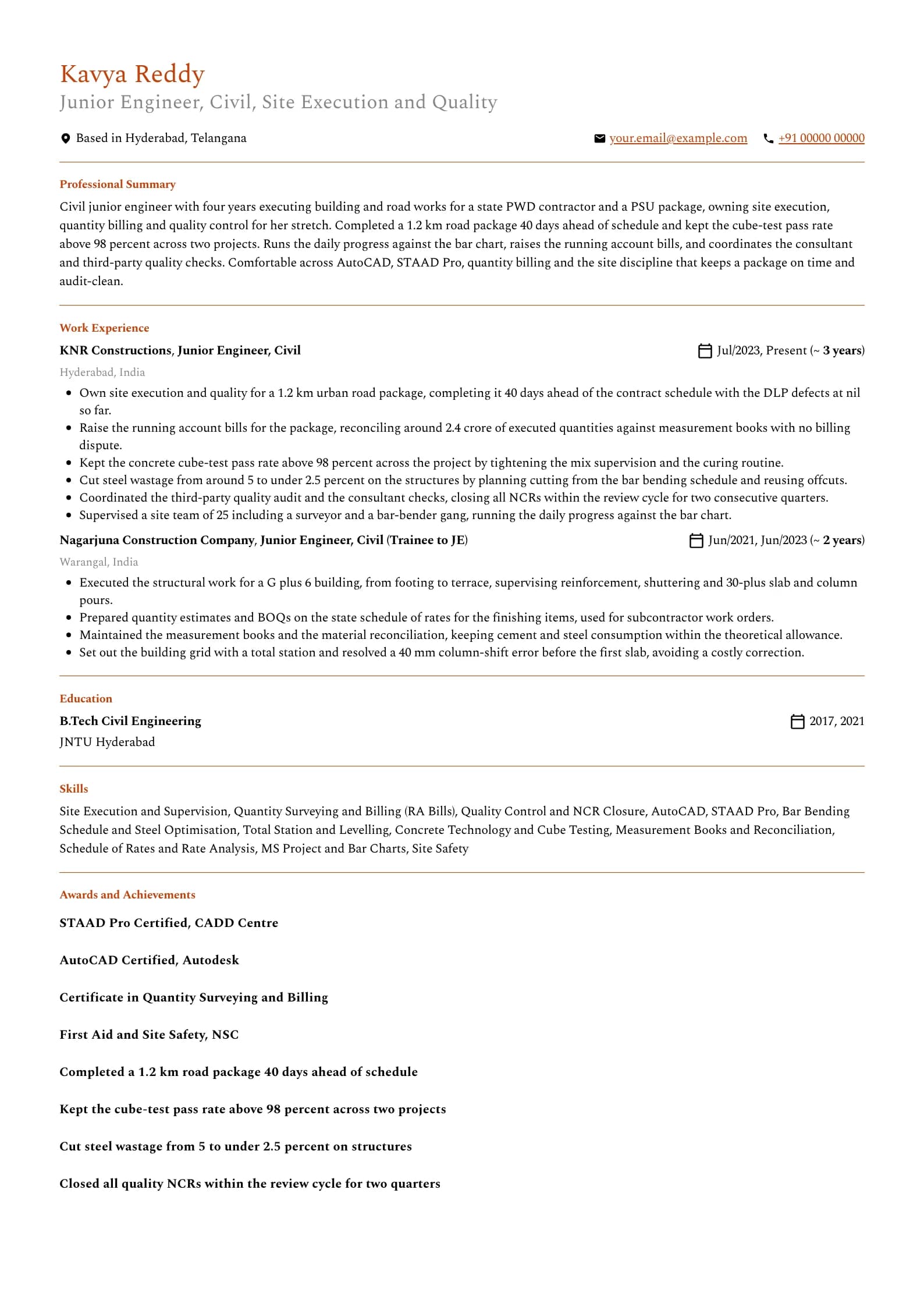 Junior Engineer resume example for Junior Engineer (4 years), professional template, showing professional summary, work experience, skills, education and certifications