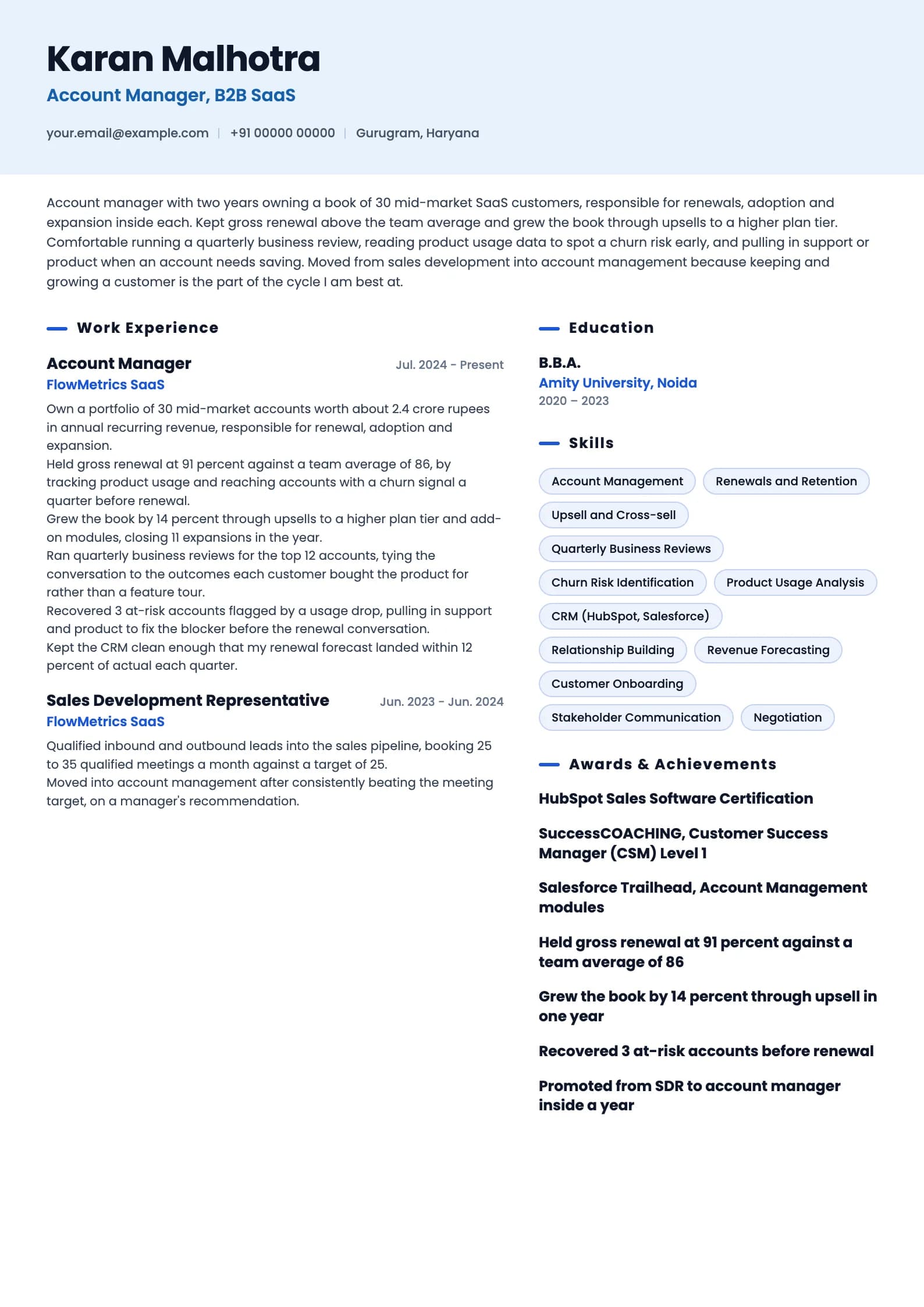 Key Account Manager resume example for Account Manager (2 years), ai-era template, showing professional summary, work experience, skills, education and certifications