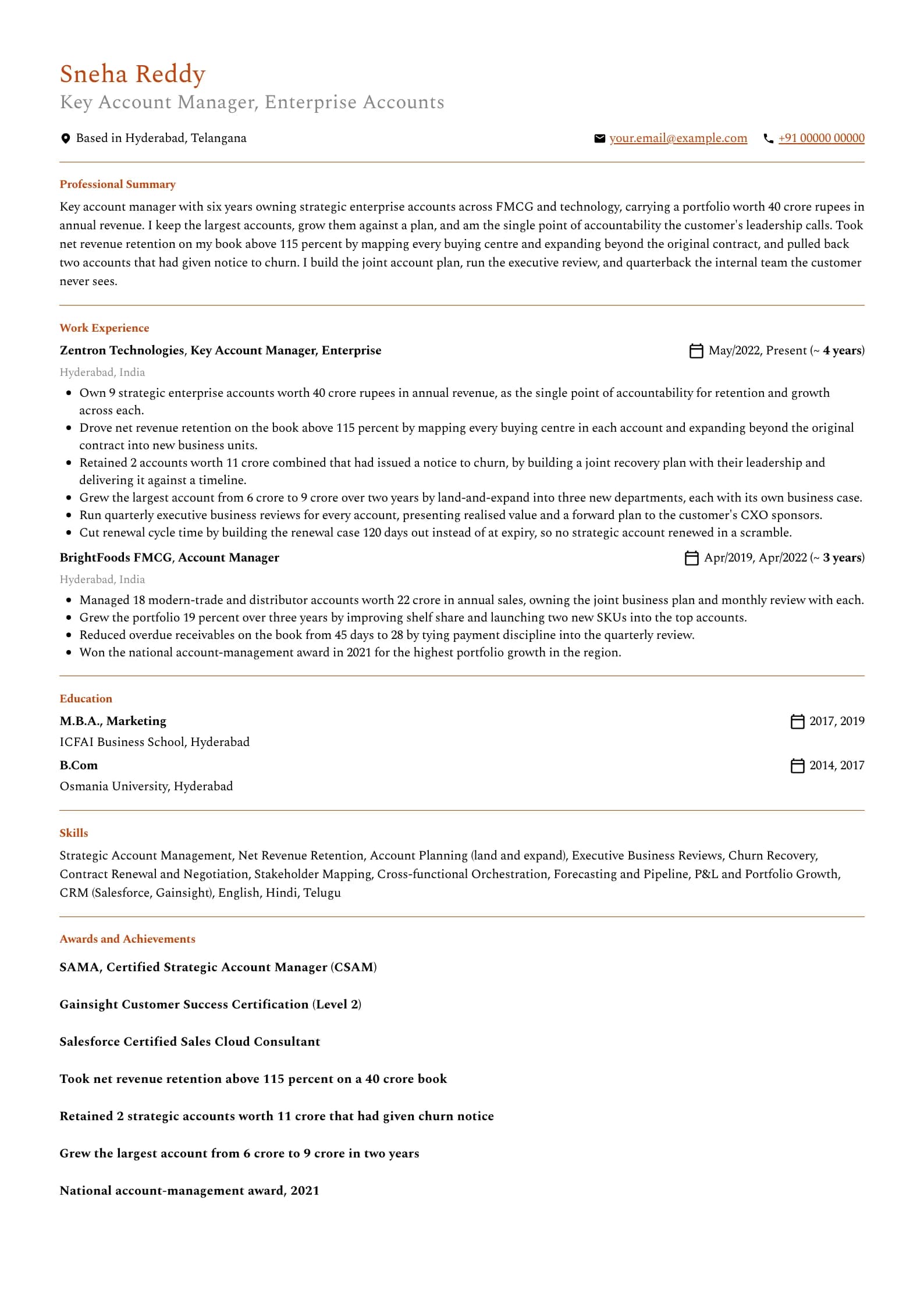 Key Account Manager resume example for Key Account Manager (6 years), professional template, showing professional summary, work experience, skills, education and certifications
