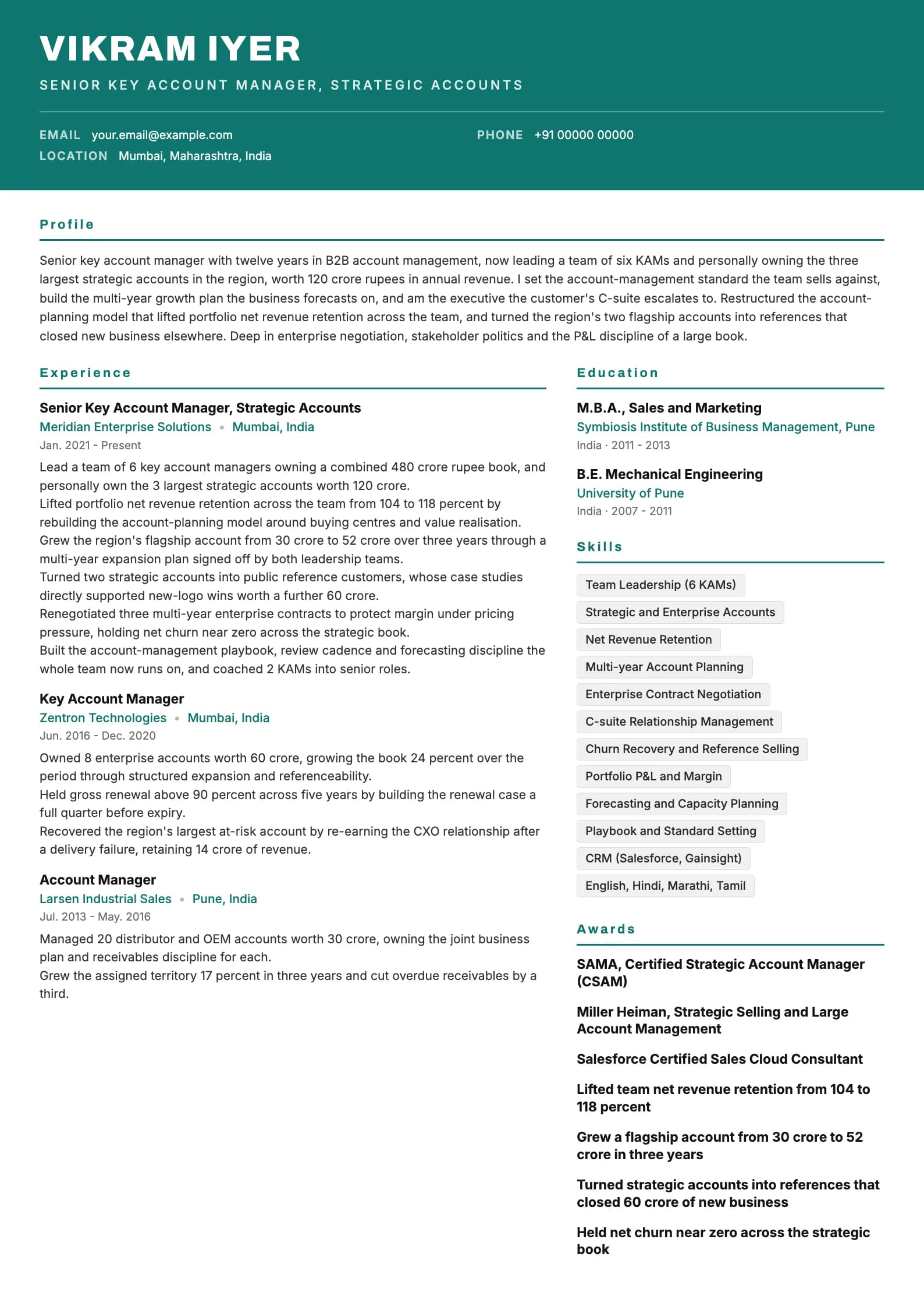 Key Account Manager resume example for Senior KAM / Lead (12 years), header-band template, showing professional summary, work experience, skills, education and certifications