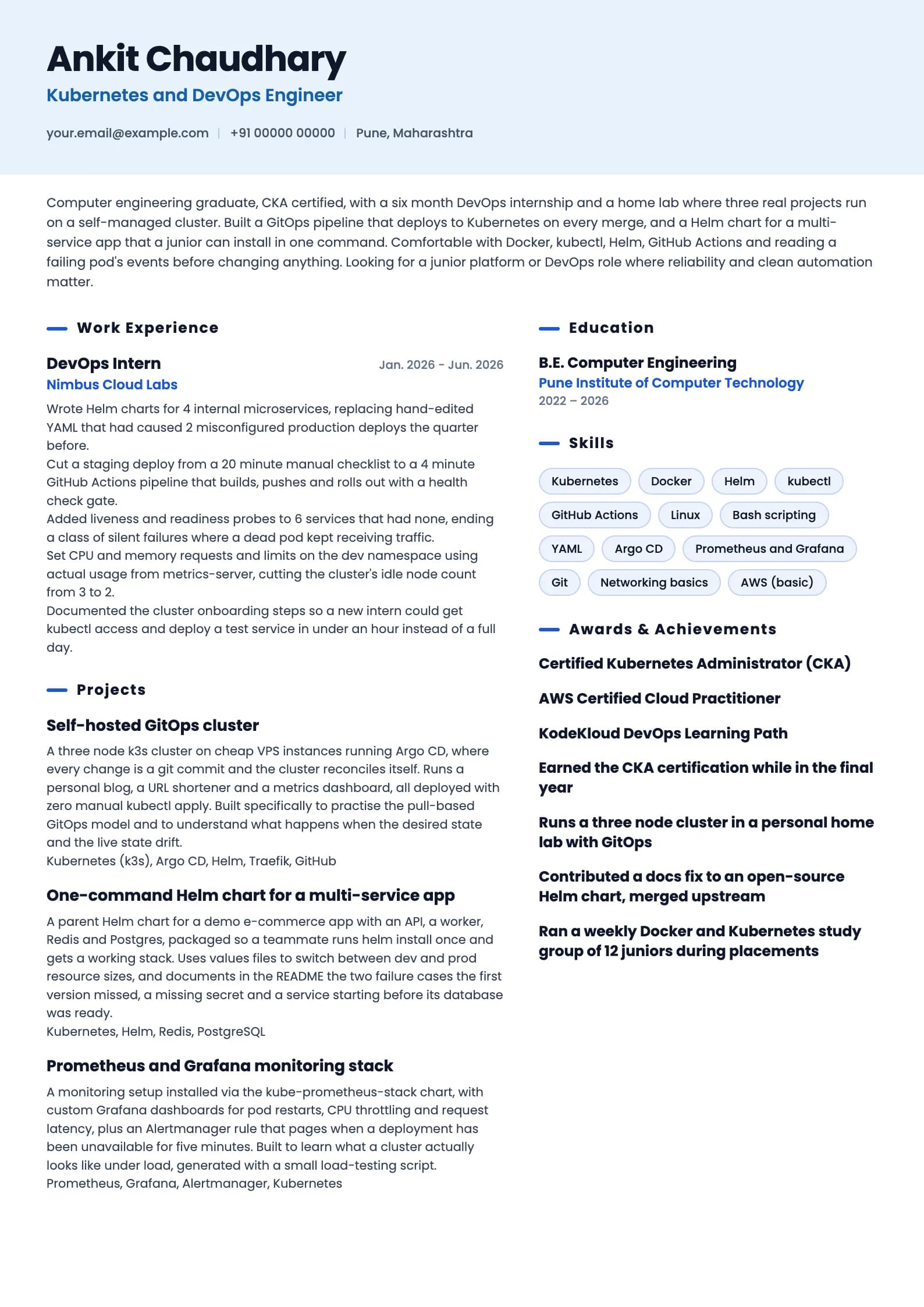 Kubernetes Engineer resume example for Fresher (0 years), ai-era template, showing professional summary, work experience, projects, skills, education and certifications