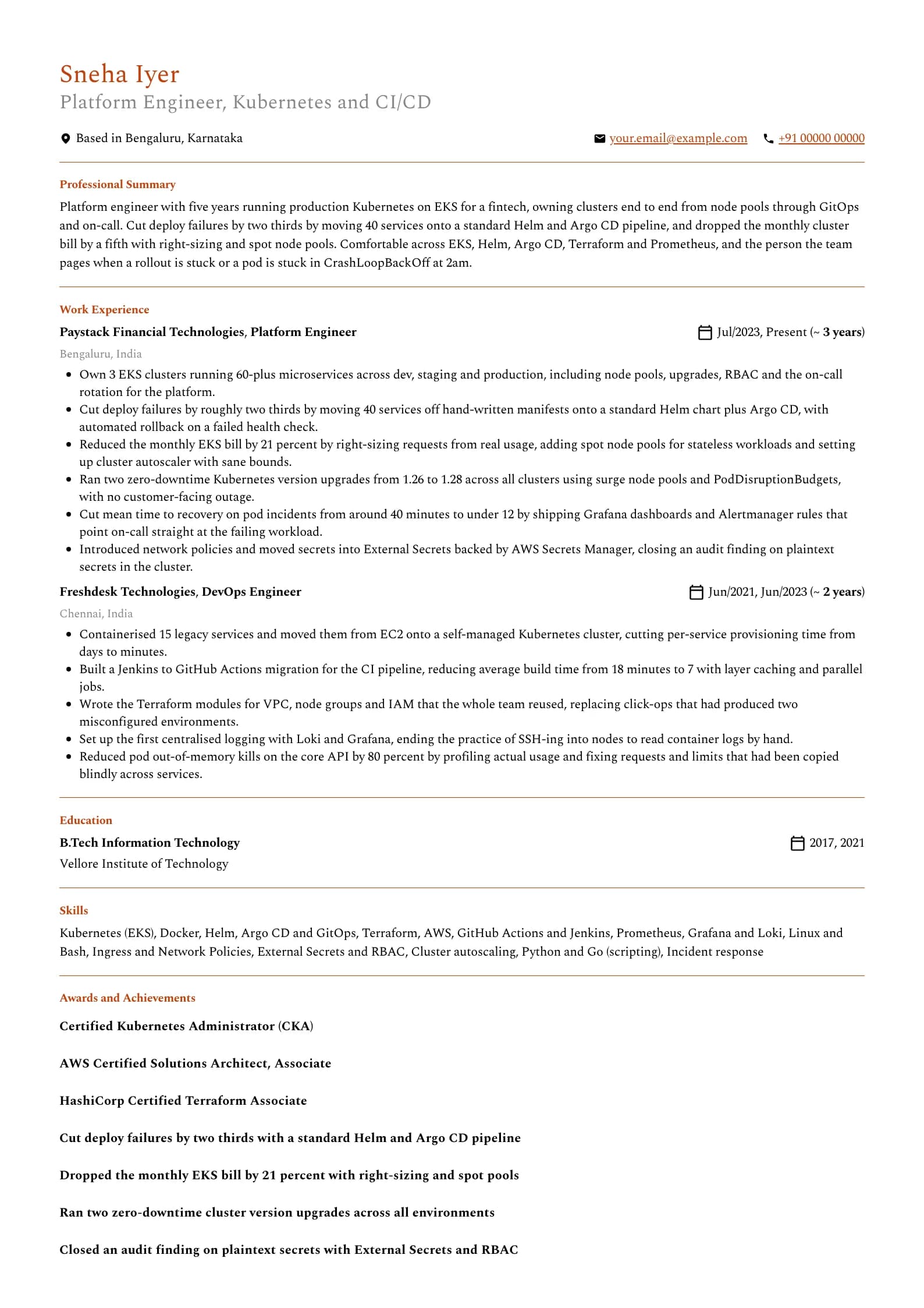 Kubernetes Engineer resume example for Mid-level (5 years), professional template, showing professional summary, work experience, skills, education and certifications