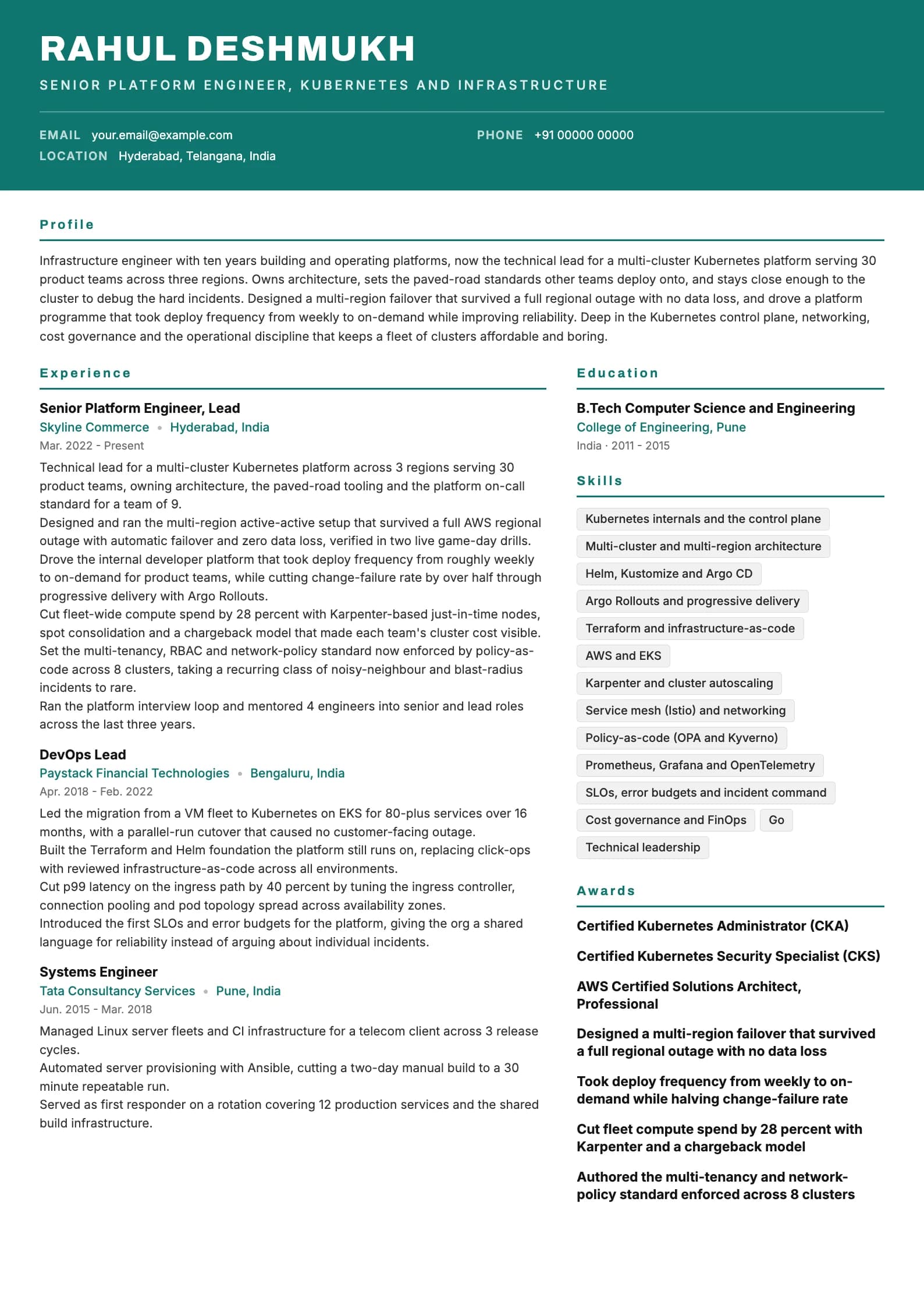 Kubernetes Engineer resume example for Senior (10 years), header-band template, showing professional summary, work experience, skills, education and certifications