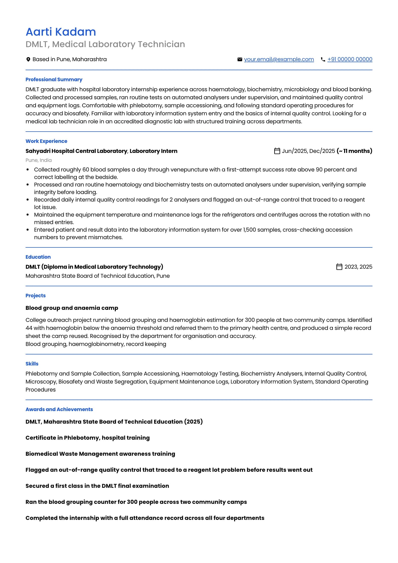 Lab Technician resume example for Fresher (0 years), minimalist template, showing professional summary, work experience, projects, skills, education and certifications