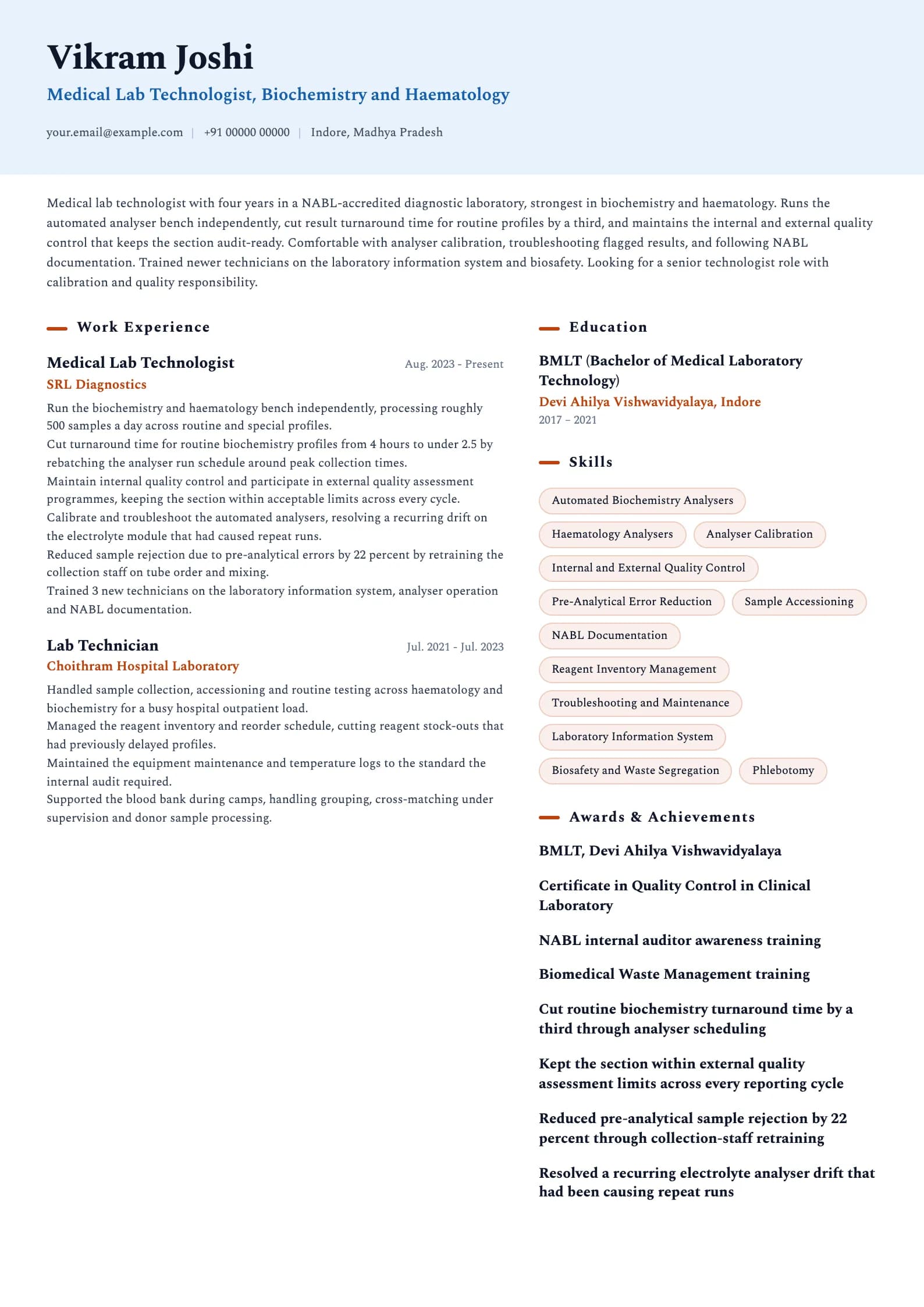 Lab Technician resume example for Lab Technologist (4 years), ai-era template, showing professional summary, work experience, skills, education and certifications