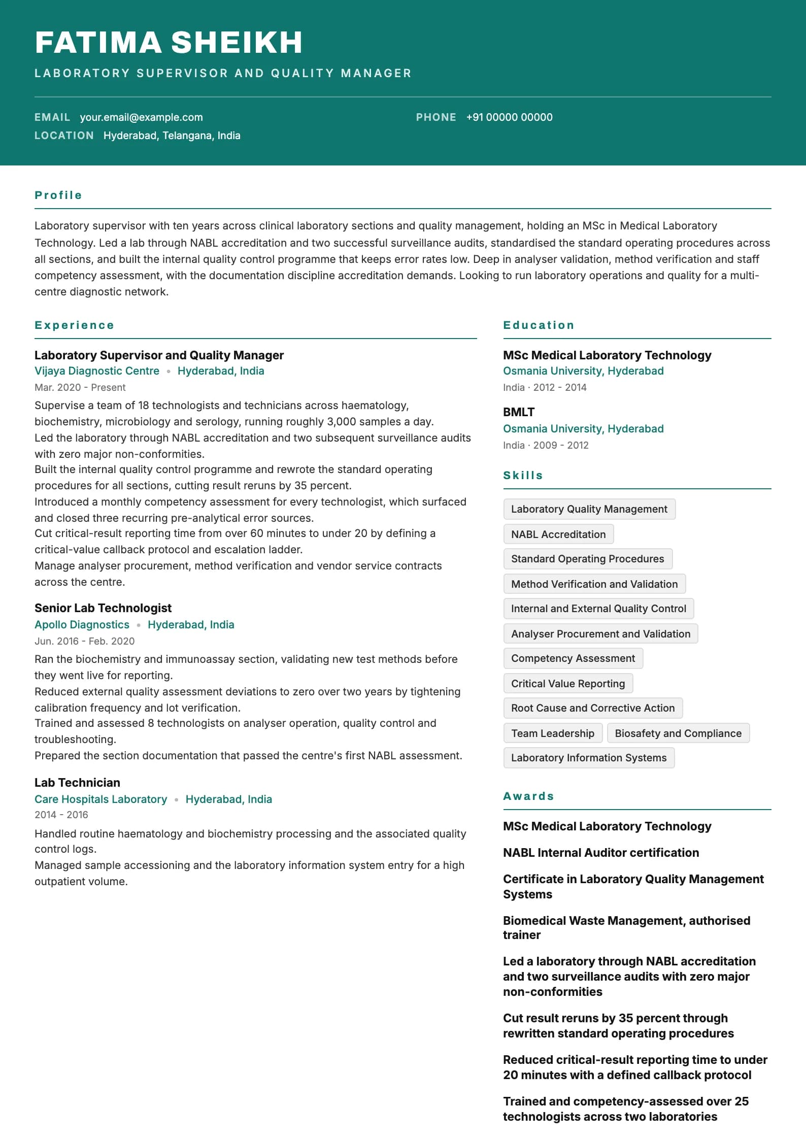 Lab Technician resume example for Lab Supervisor (10 years), header-band template, showing professional summary, work experience, skills, education and certifications