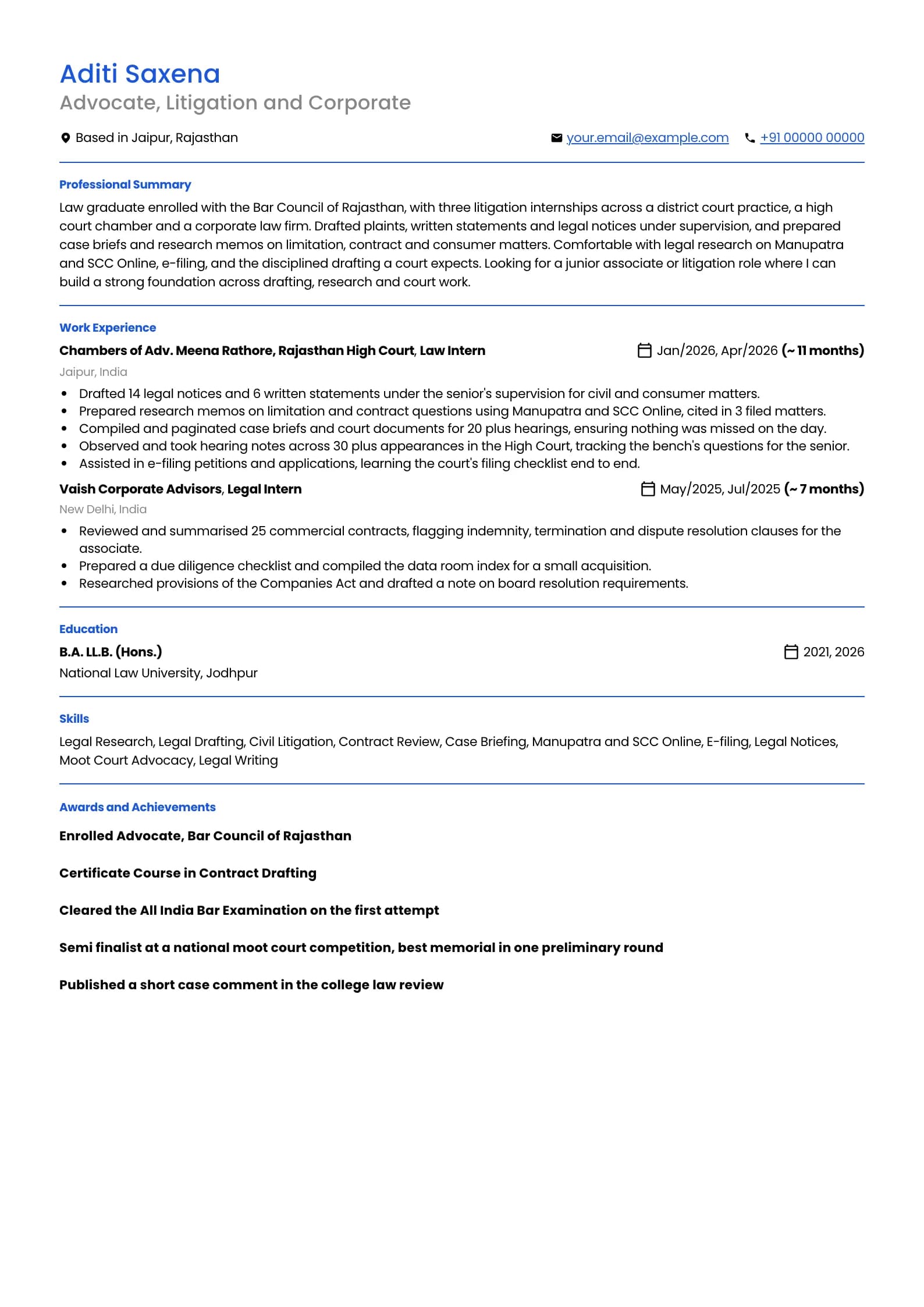 Lawyer resume example for Fresh graduate (0 years), minimalist template, showing professional summary, work experience, skills, education and certifications