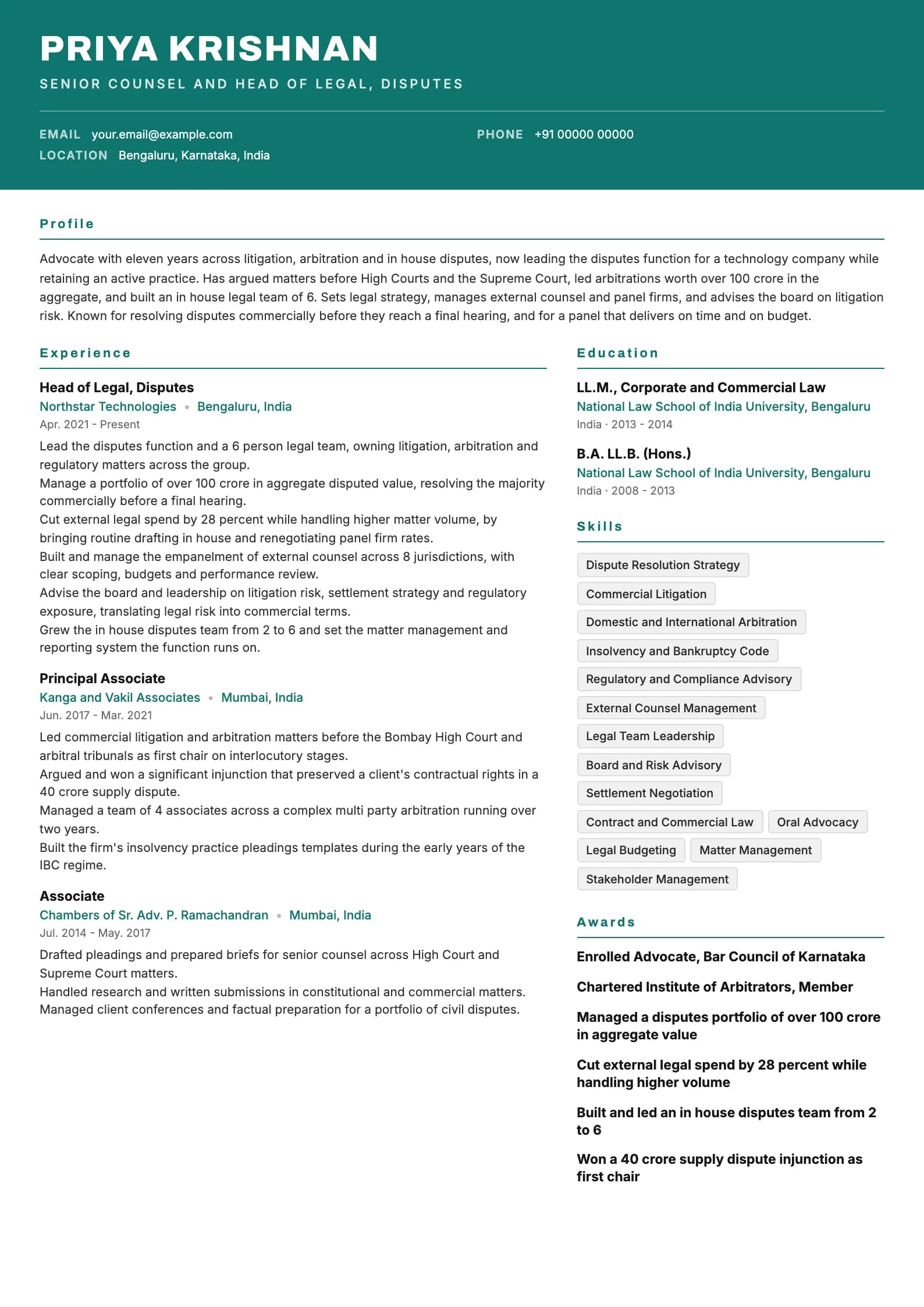 Lawyer resume example for Senior (11 years), header-band template, showing professional summary, work experience, skills, education and certifications