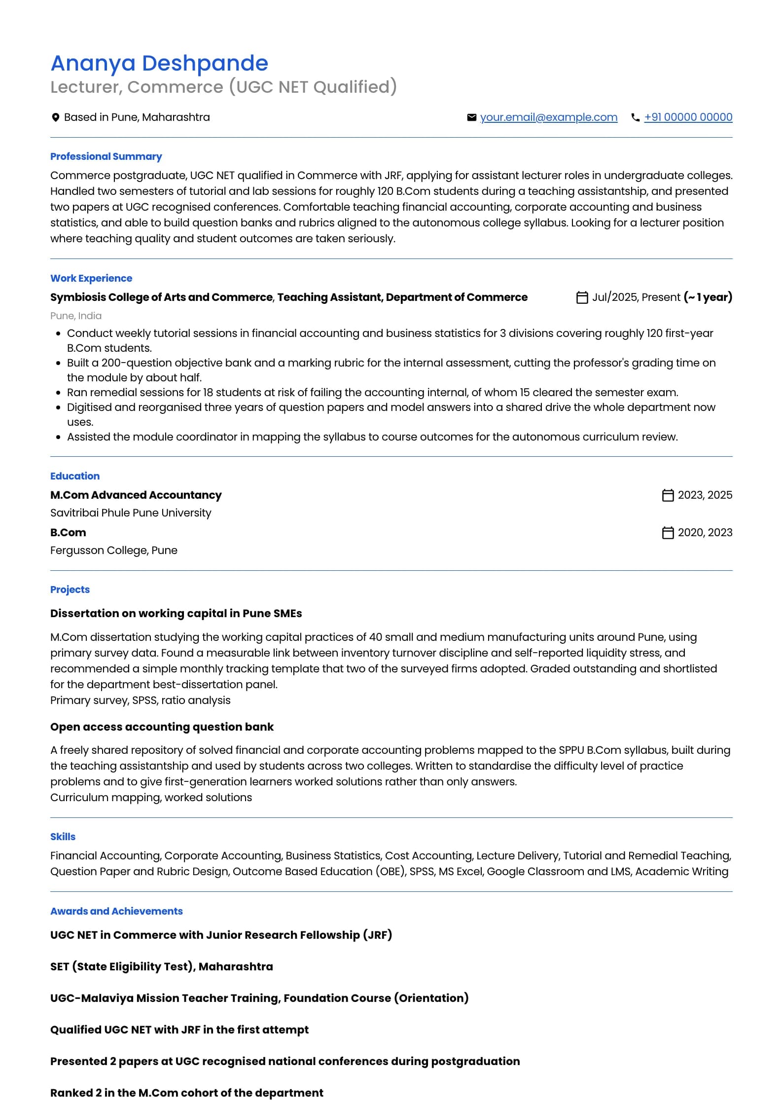 Lecturer resume example for NET Qualified Fresher (0 to 1 year), professional template, showing professional summary, work experience, projects, skills, education and certifications