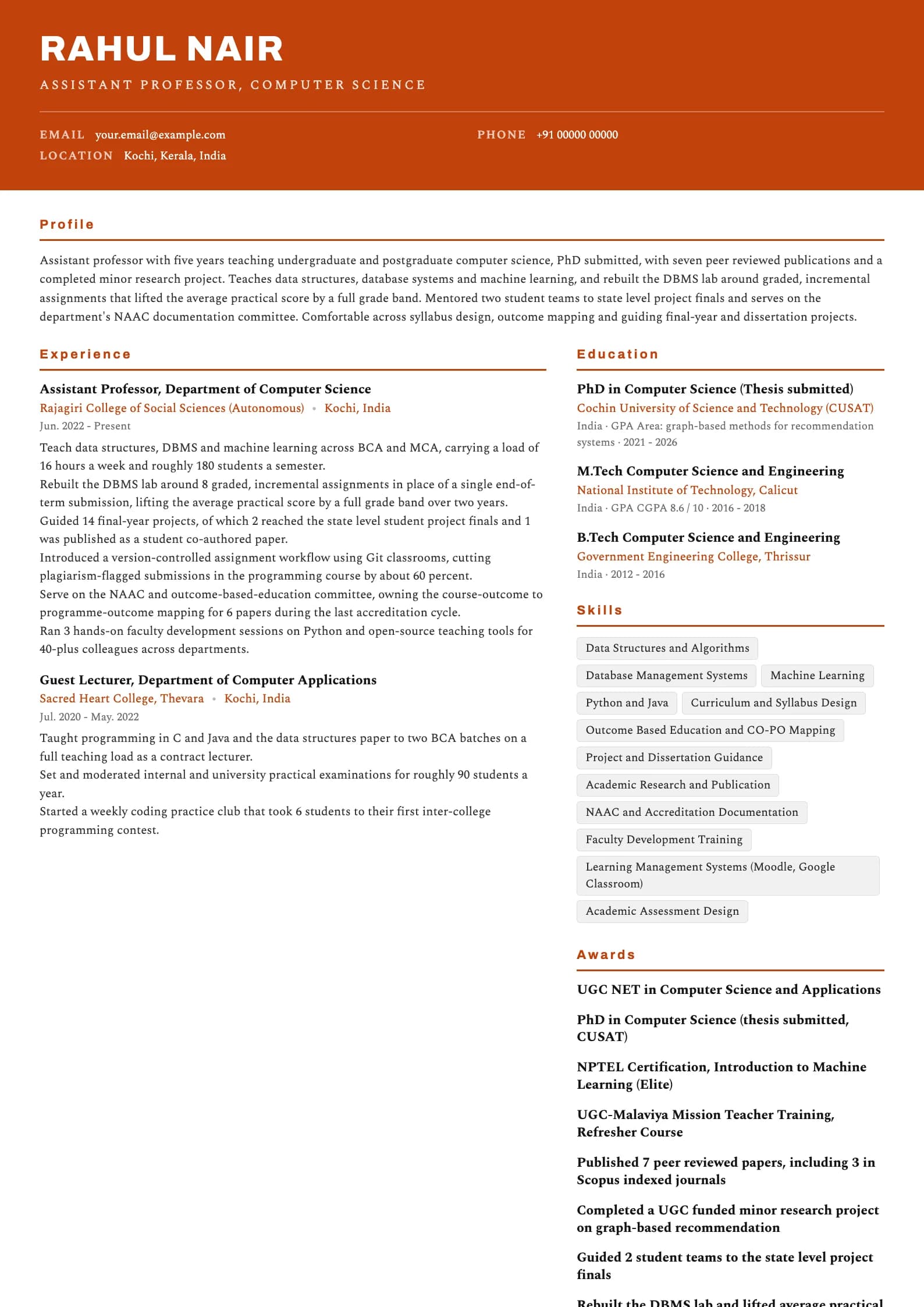 Lecturer resume example for Assistant Professor (5 years), header-band template, showing professional summary, work experience, skills, education and certifications