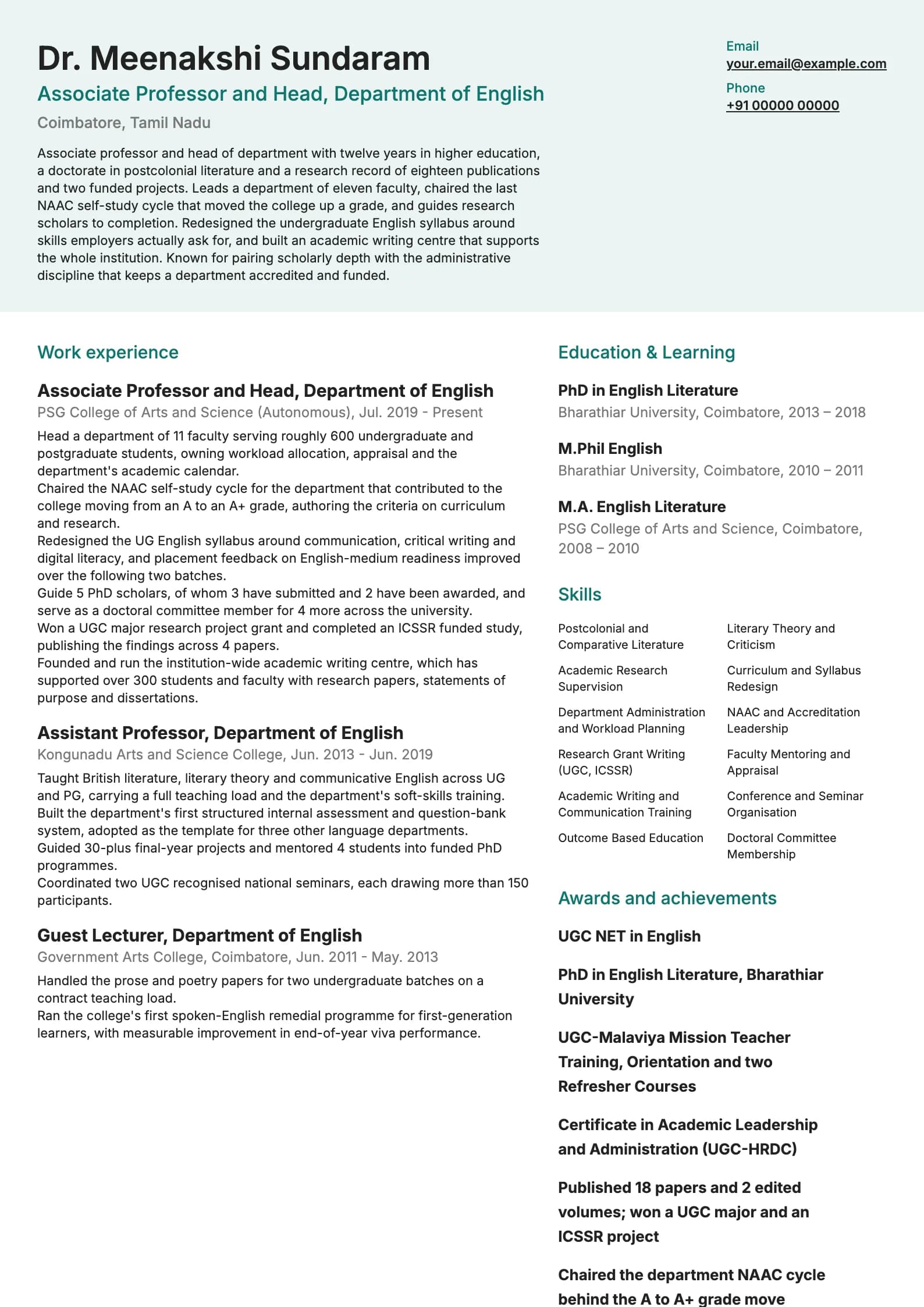 Lecturer resume example for Associate Professor and Head (12 years), modern template, showing professional summary, work experience, skills, education and certifications