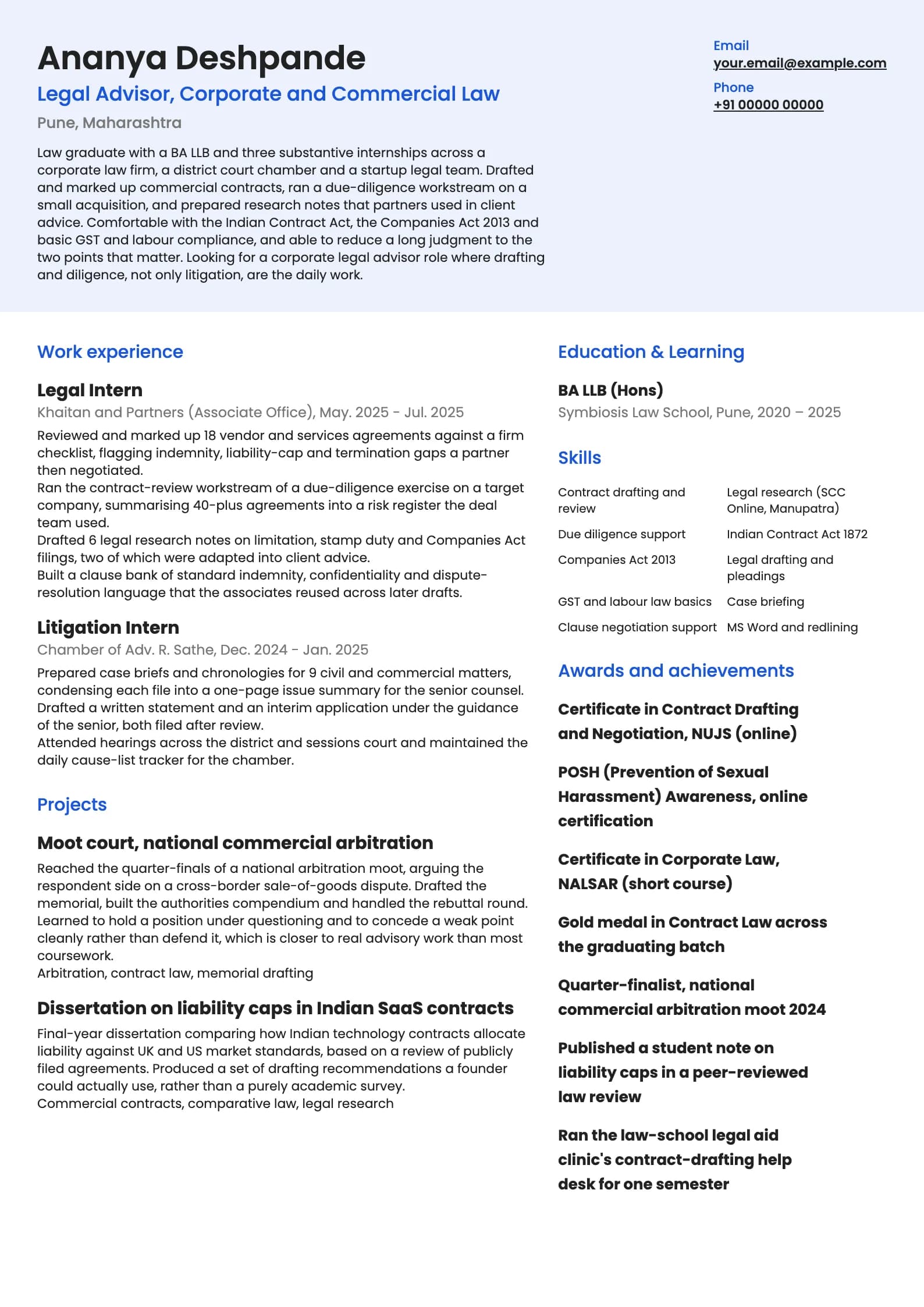 Legal Advisor resume example for Fresher (0 years), modern template, showing professional summary, work experience, projects, skills, education and certifications