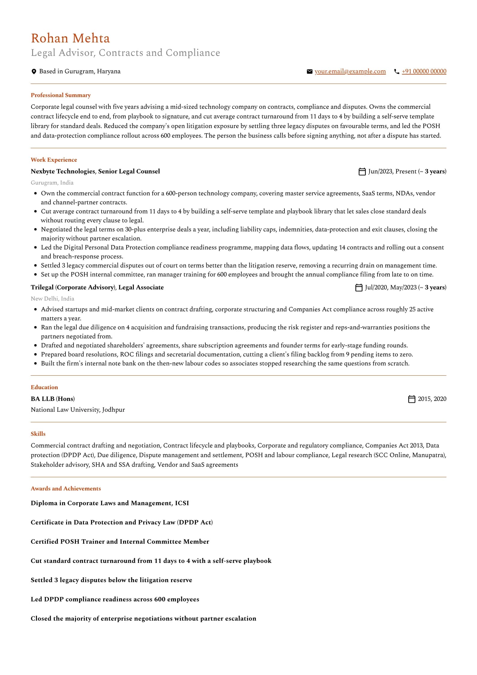 Legal Advisor resume example for Mid-level (5 years), professional template, showing professional summary, work experience, skills, education and certifications