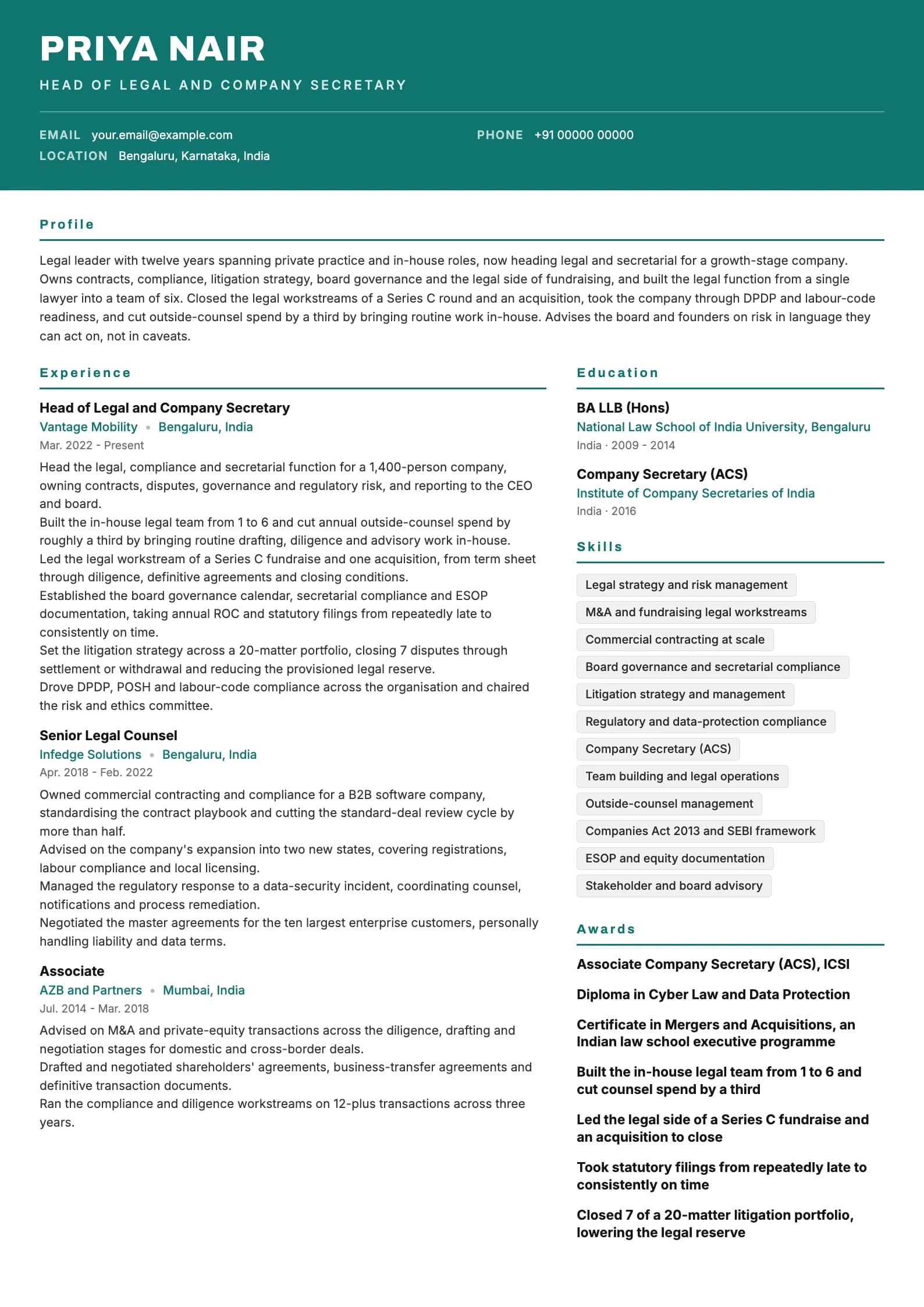Legal Advisor resume example for Senior (12 years), header-band template, showing professional summary, work experience, skills, education and certifications
