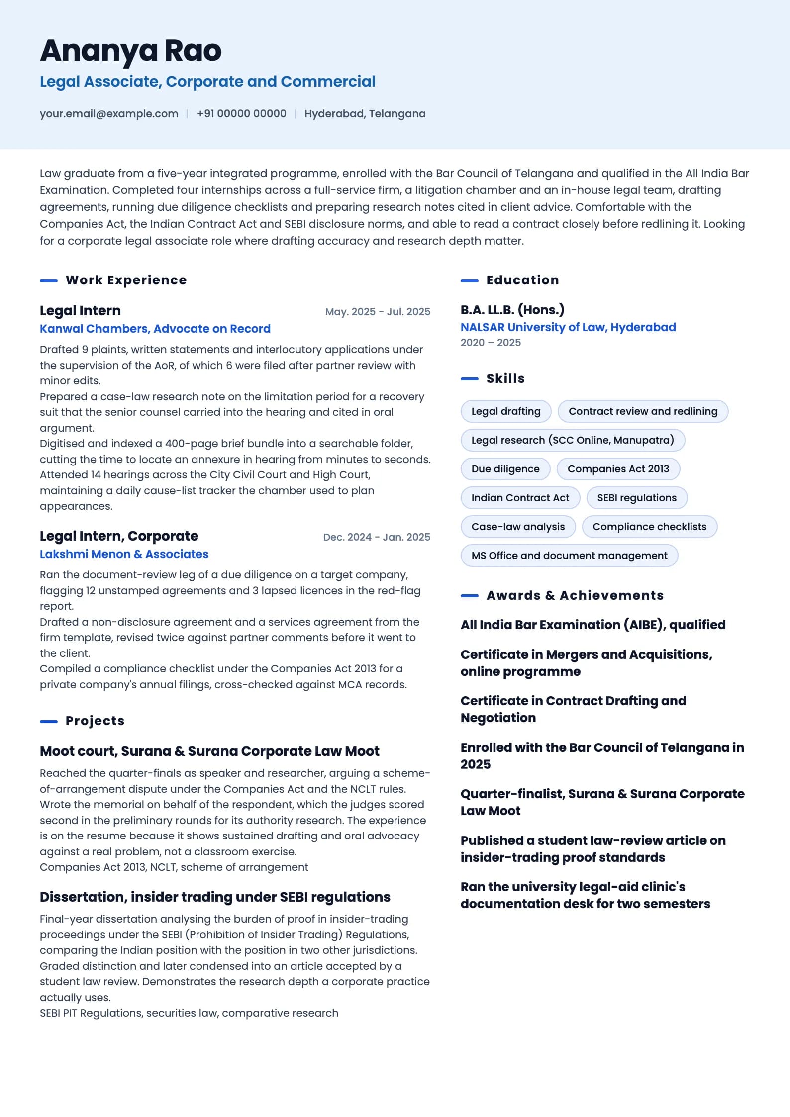 Legal Associate resume example for Fresher (0 years), ai-era template, showing professional summary, work experience, projects, skills, education and certifications