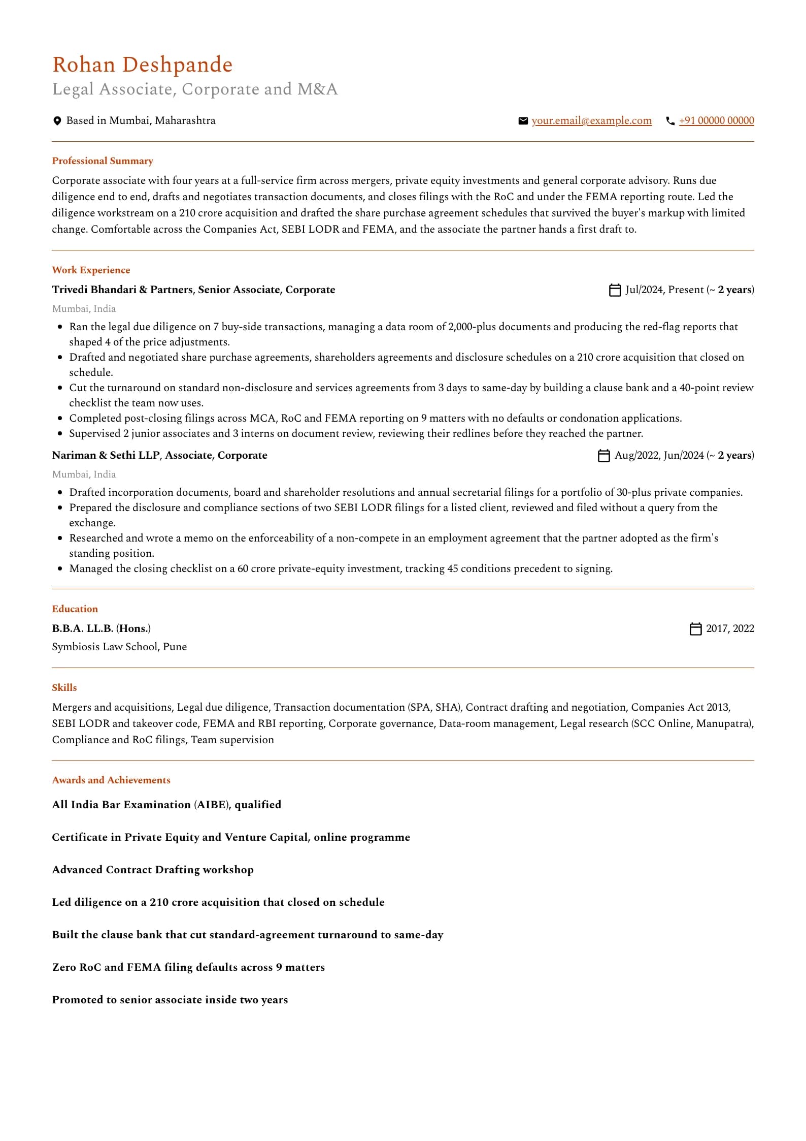 Legal Associate resume example for Mid-level (4 years), professional template, showing professional summary, work experience, skills, education and certifications