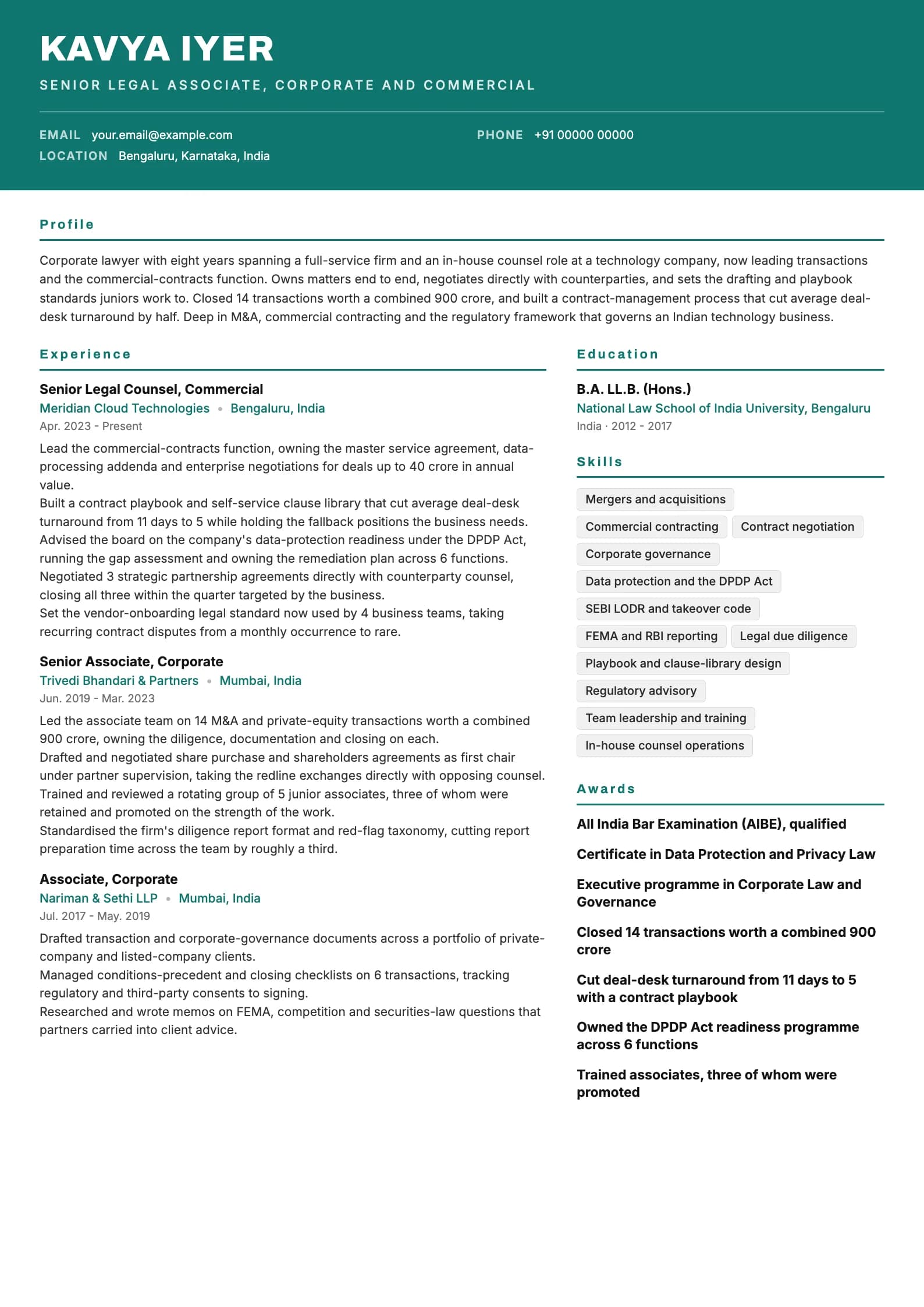 Legal Associate resume example for Senior (8 years), header-band template, showing professional summary, work experience, skills, education and certifications