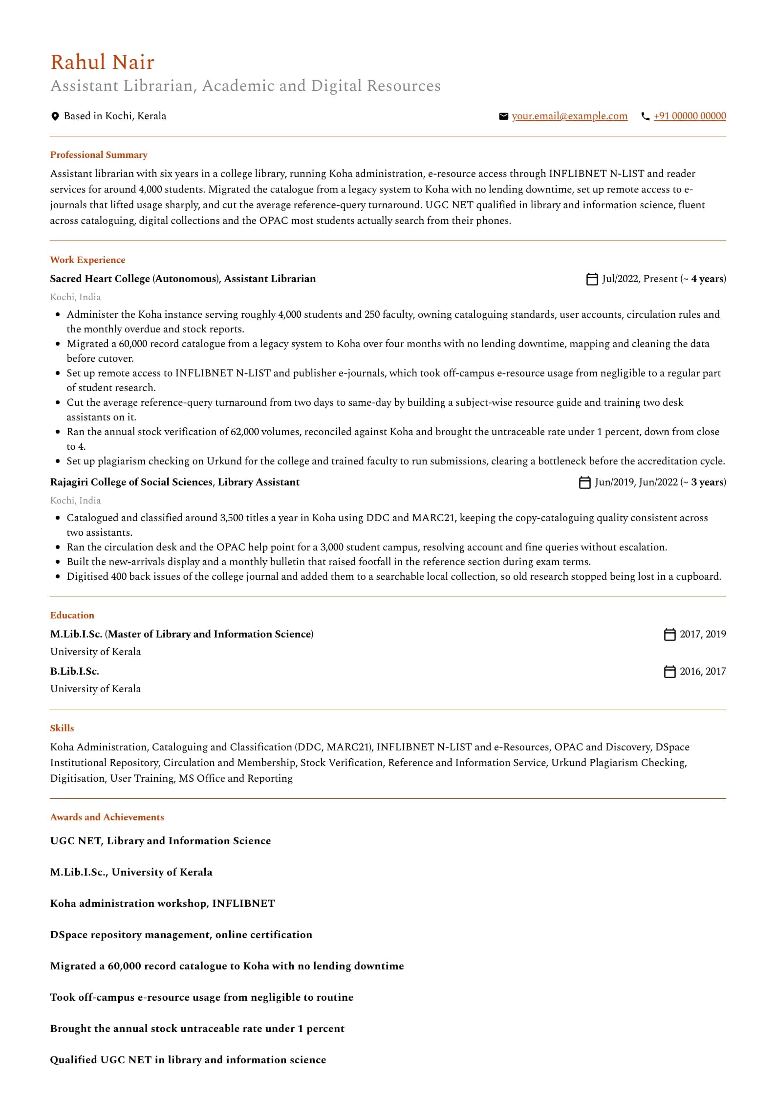 Librarian resume example for Assistant Librarian (6 years), professional template, showing professional summary, work experience, skills, education and certifications