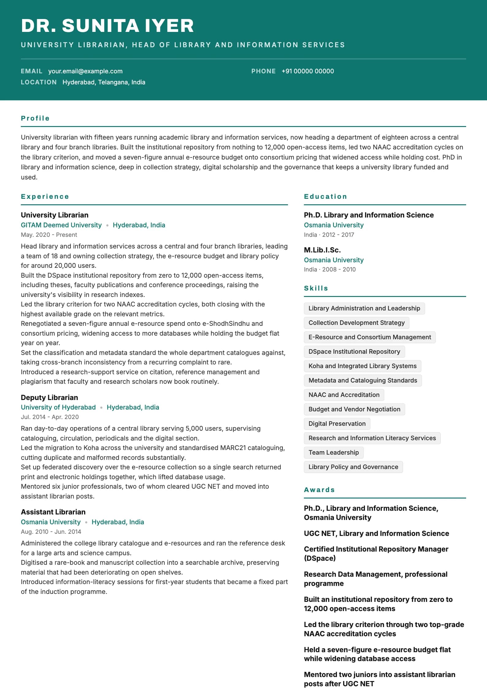 Librarian resume example for University Librarian (15 years), header-band template, showing professional summary, work experience, skills, education and certifications