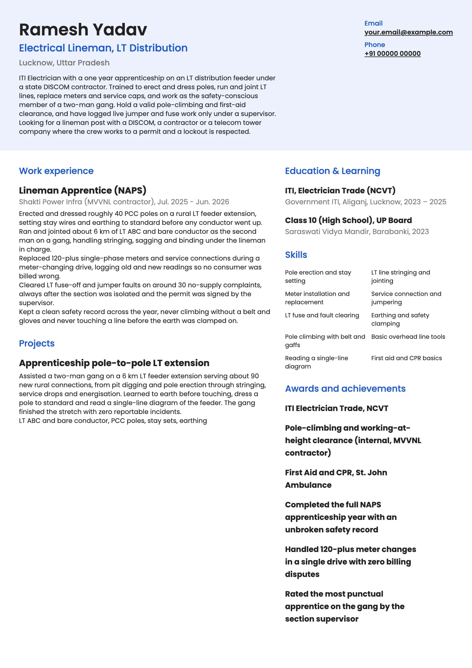 Lineman resume example for Fresher / Apprentice (0 to 1 year), modern template, showing professional summary, work experience, projects, skills, education and certifications