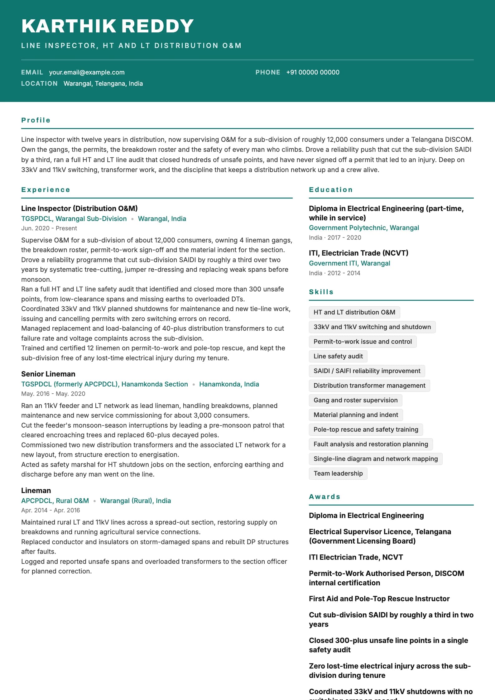 Lineman resume example for Line Inspector / Senior Lineman (12 years), header-band template, showing professional summary, work experience, skills, education and certifications