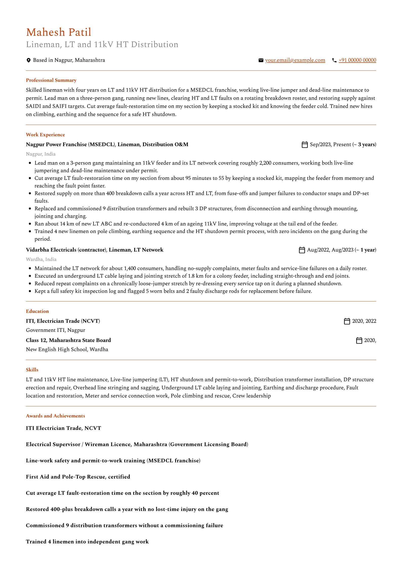 Lineman resume example for Skilled Lineman (4 years), professional template, showing professional summary, work experience, skills, education and certifications