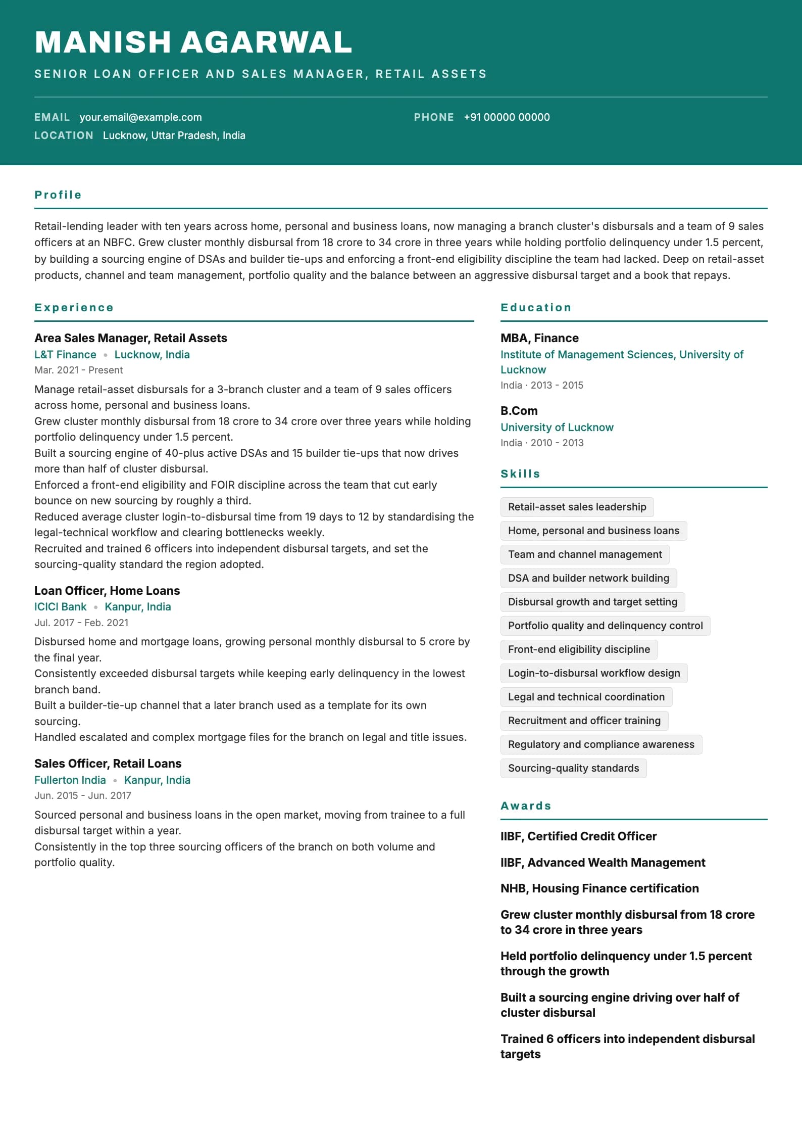 Loan Officer resume example for Senior (10 years), header-band template, showing professional summary, work experience, skills, education and certifications
