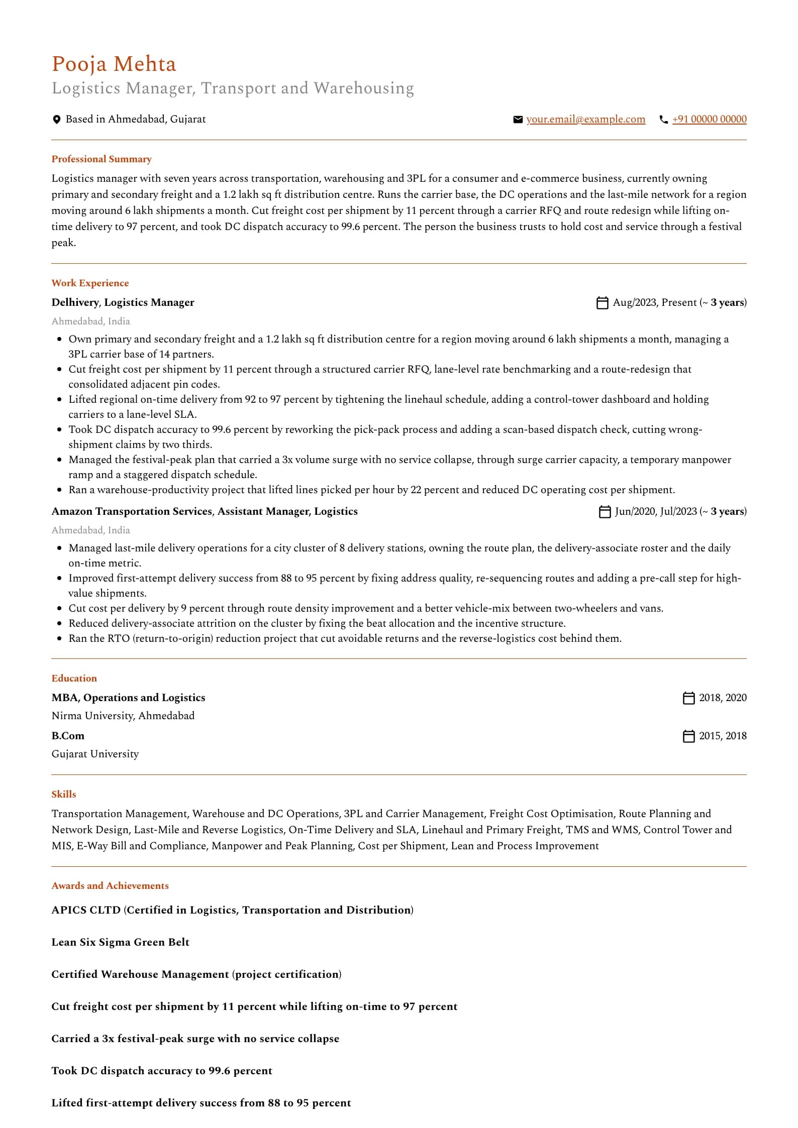 Logistics Manager resume example for Logistics Manager (7 years), professional template, showing professional summary, work experience, skills, education and certifications