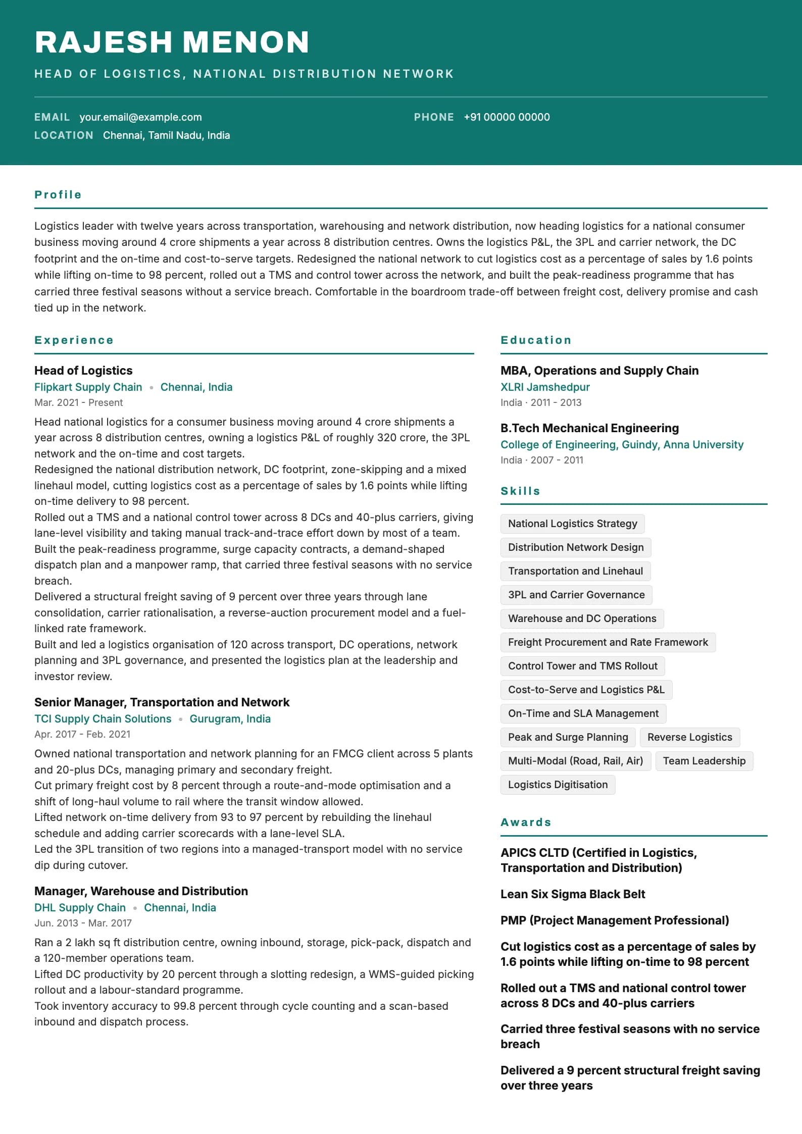 Logistics Manager resume example for Head of Logistics (12 years), header-band template, showing professional summary, work experience, skills, education and certifications