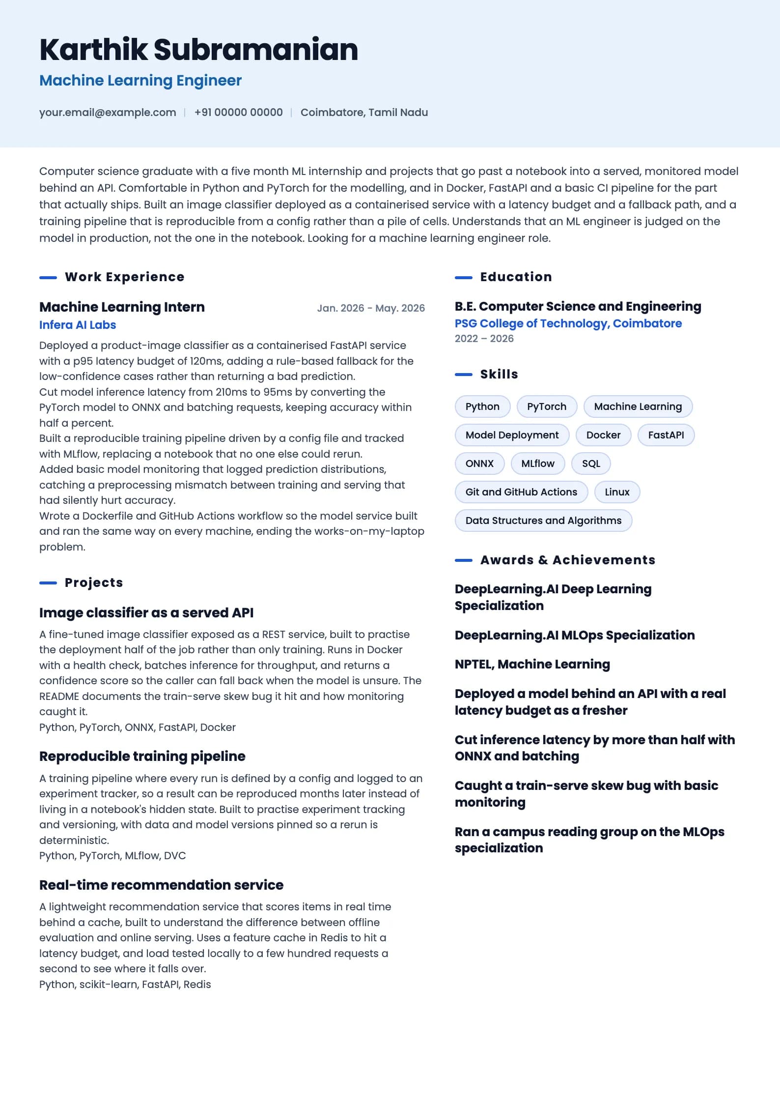 Machine Learning Engineer resume example for Fresher (0 years), ai-era template, showing professional summary, work experience, projects, skills, education and certifications
