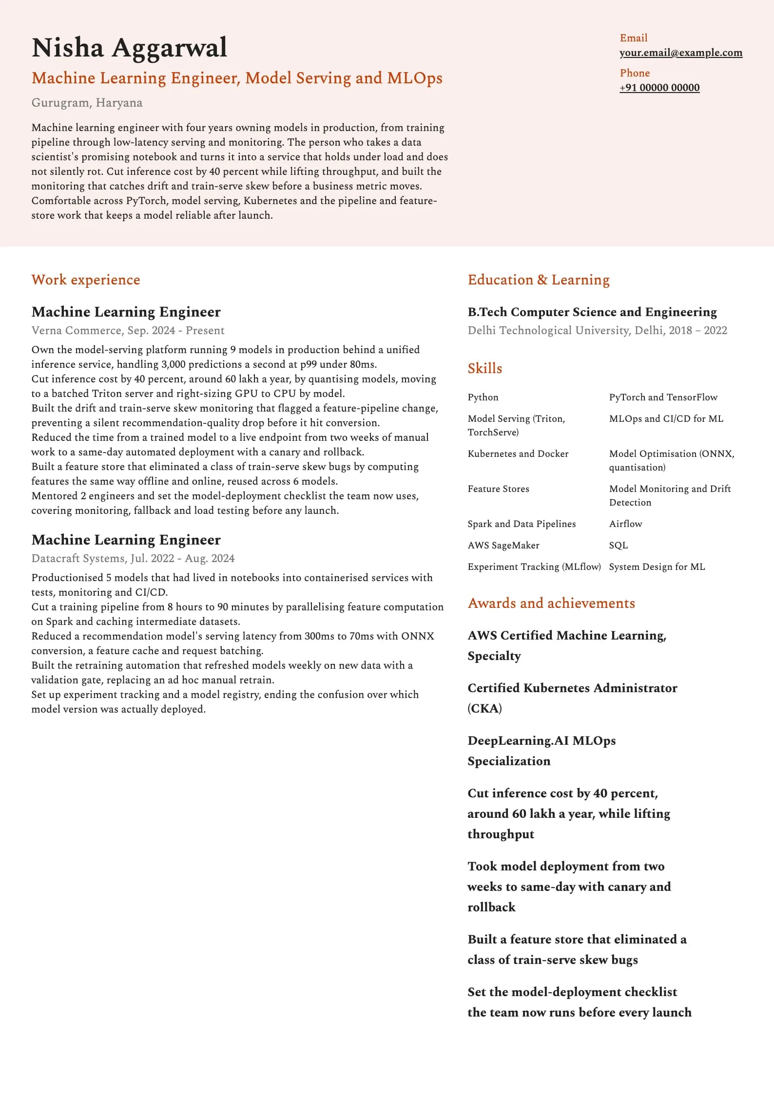 Machine Learning Engineer resume example for Mid-level (4 years), modern template, showing professional summary, work experience, skills, education and certifications