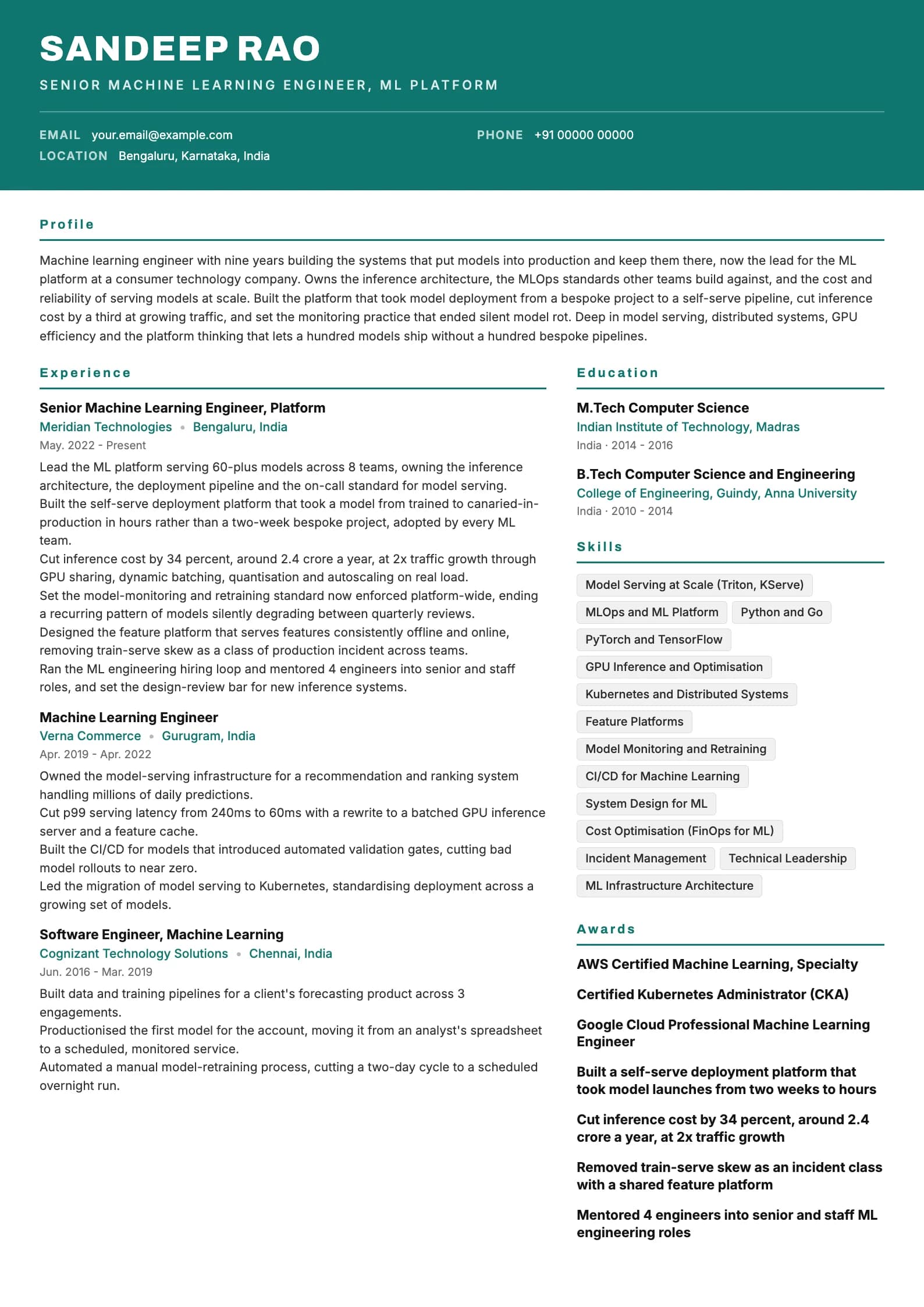 Machine Learning Engineer resume example for Senior (9 years), header-band template, showing professional summary, work experience, skills, education and certifications
