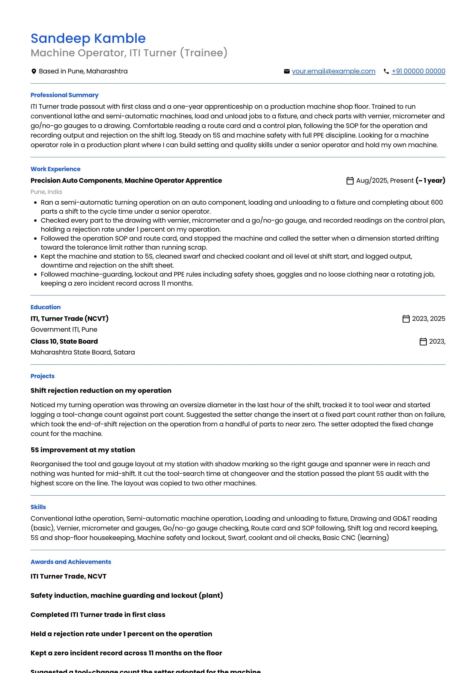 Machine Operator resume example for ITI Trainee Operator (0 to 1 year), minimalist template, showing professional summary, work experience, projects, skills, education and certifications