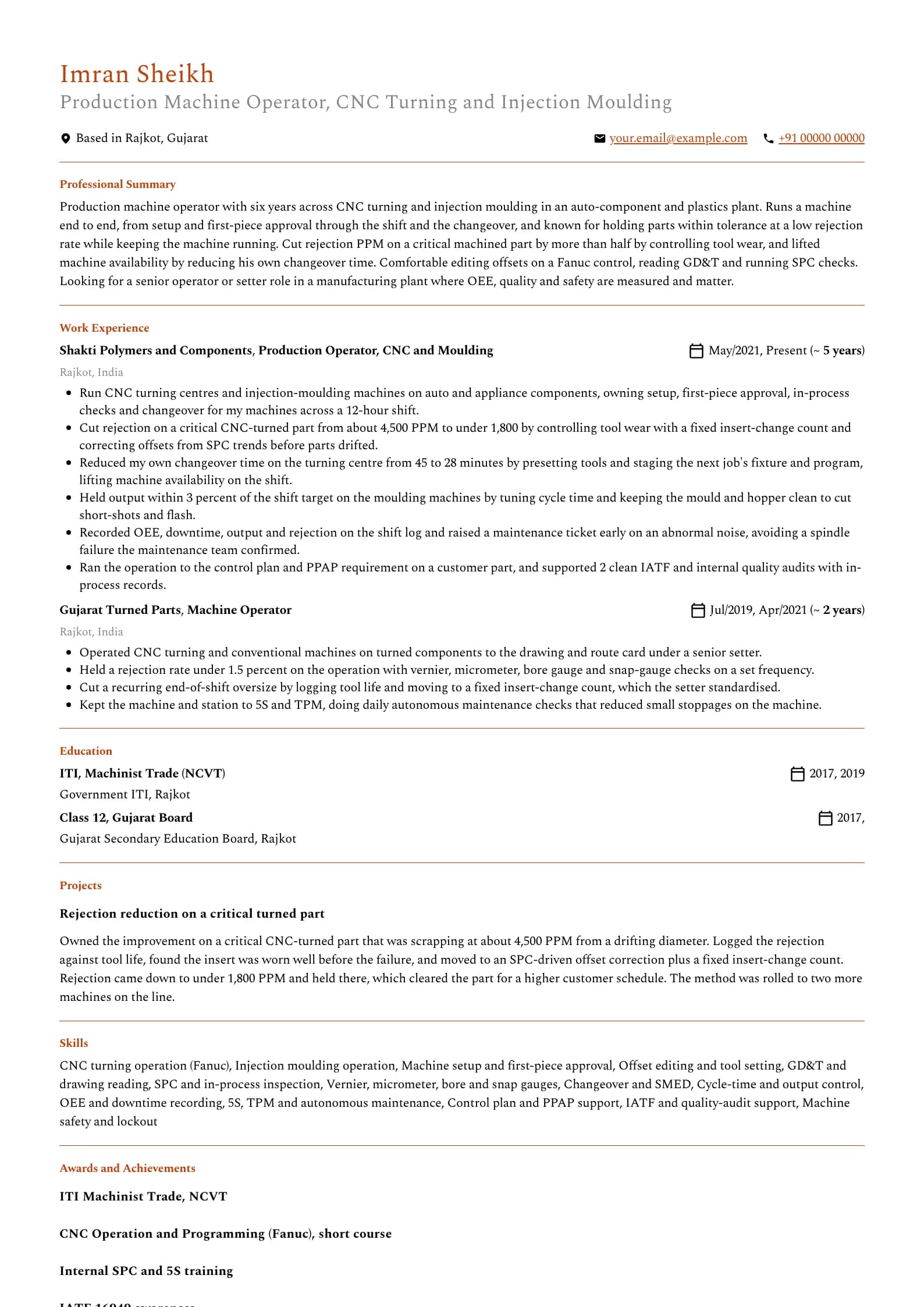 Machine Operator resume example for Production and CNC Operator (6 years), professional template, showing professional summary, work experience, projects, skills, education and certifications