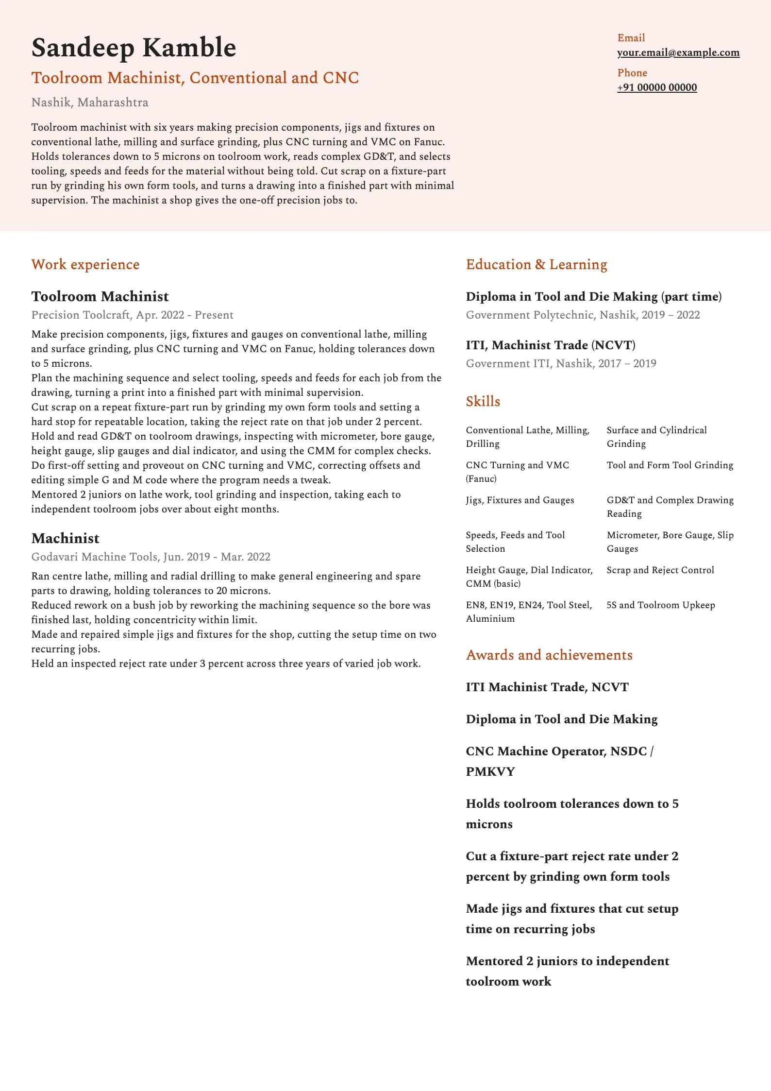 Machinist resume example for Toolroom Machinist (6 years), modern template, showing professional summary, work experience, skills, education and certifications