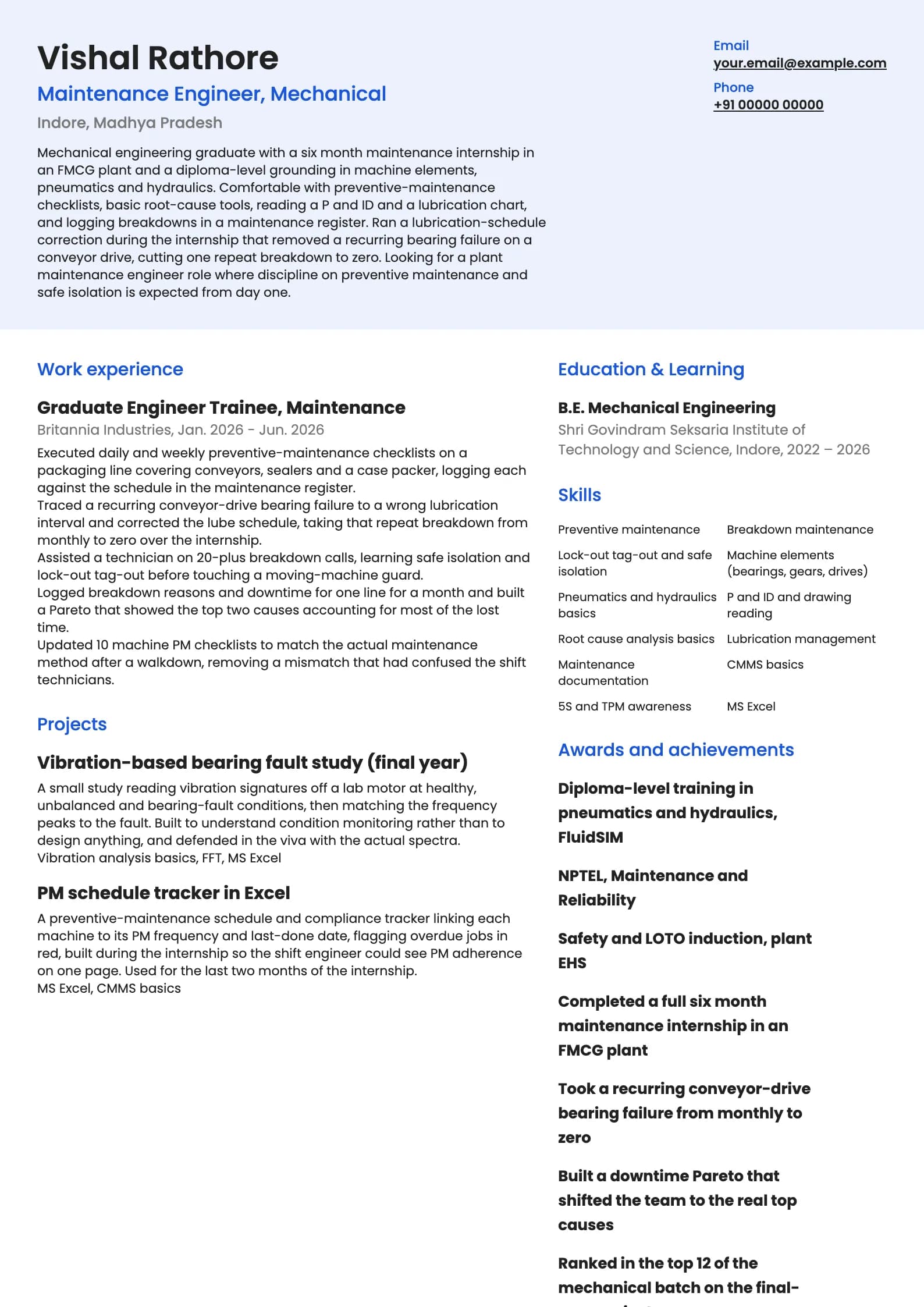 Maintenance Engineer resume example for Fresher (0 years), modern template, showing professional summary, work experience, projects, skills, education and certifications