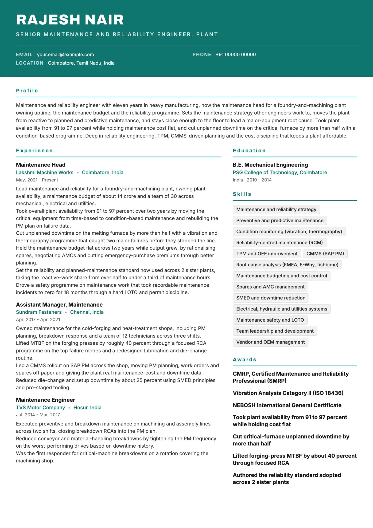 Maintenance Engineer resume example for Senior (11 years), header-band template, showing professional summary, work experience, skills, education and certifications