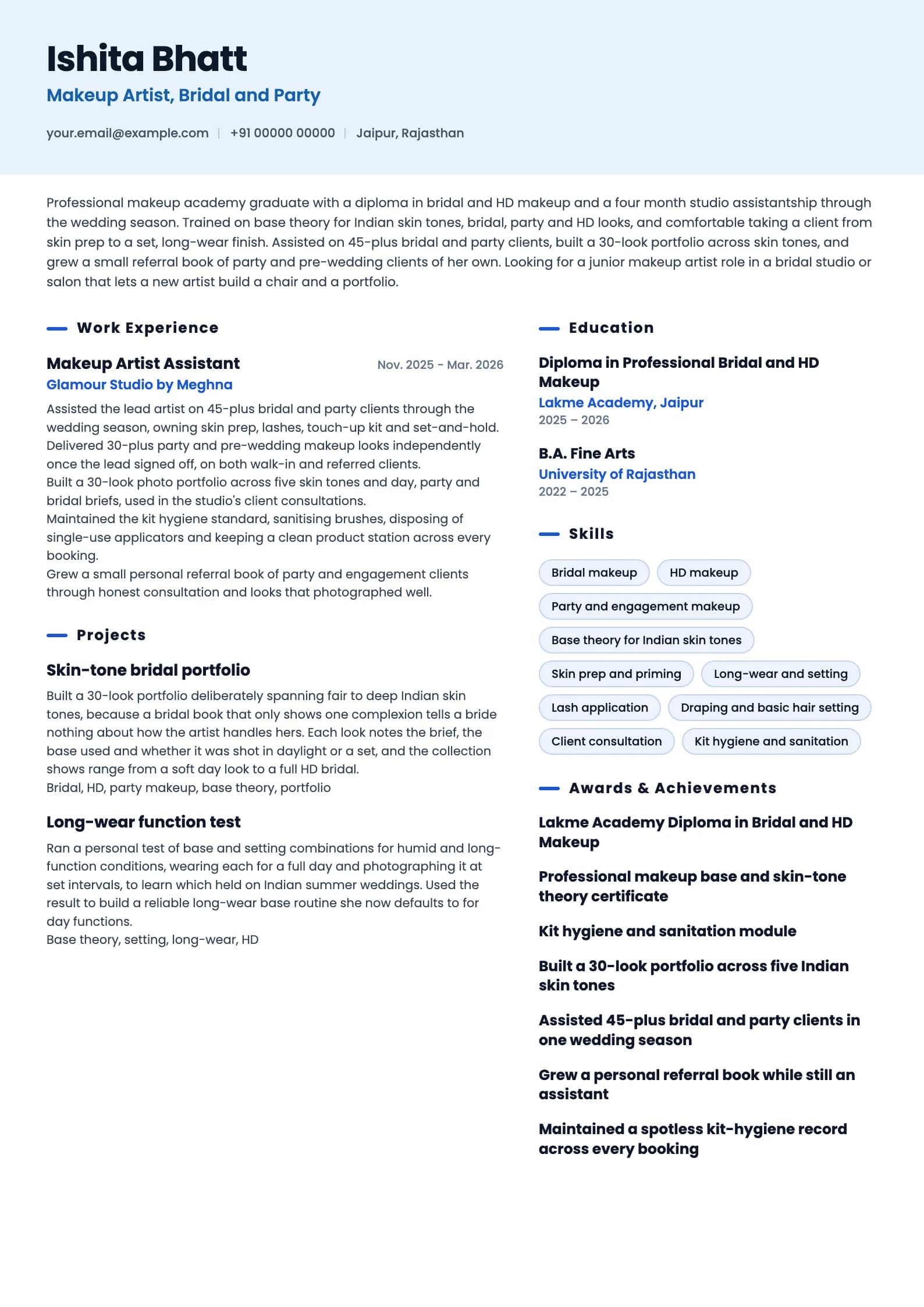 Makeup Artist resume example for Fresher (0 years), ai-era template, showing professional summary, work experience, projects, skills, education and certifications