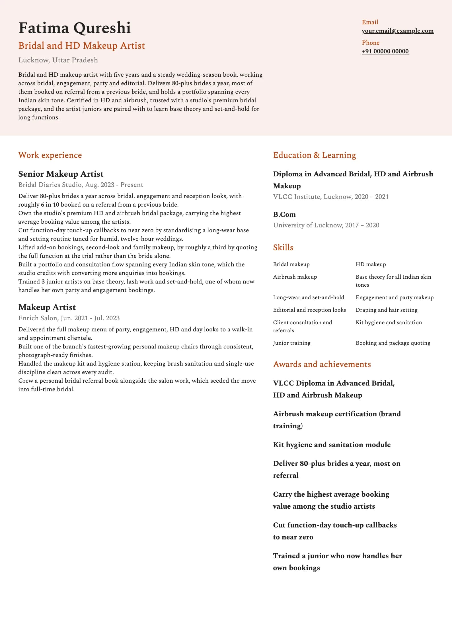 Makeup Artist resume example for Bridal MUA (5 years), modern template, showing professional summary, work experience, skills, education and certifications