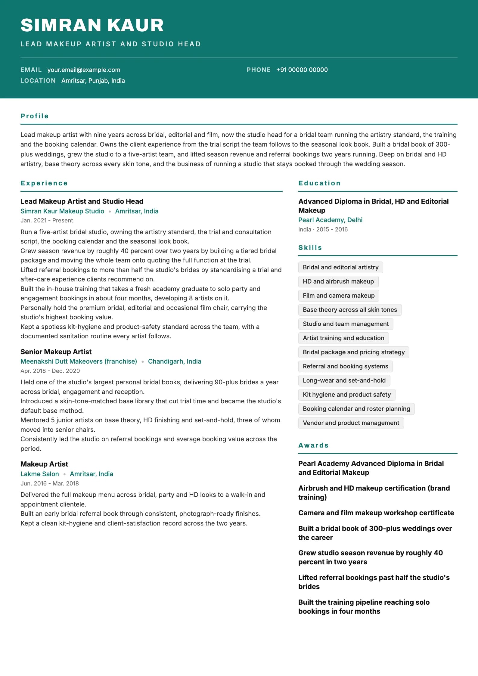 Makeup Artist resume example for Lead Artist (9 years), header-band template, showing professional summary, work experience, skills, education and certifications