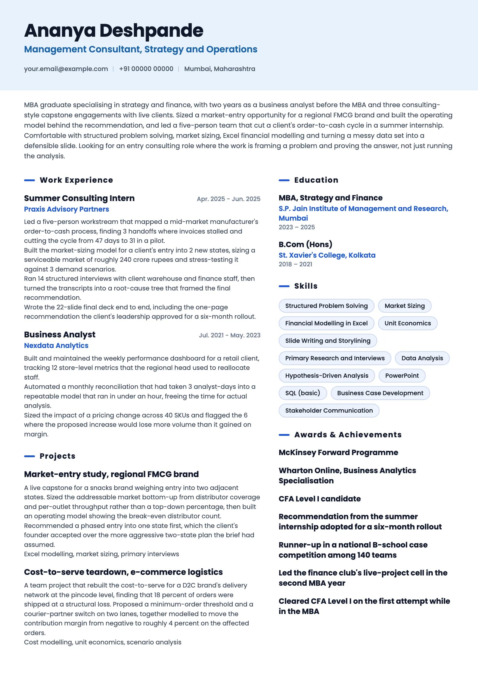 Management Consultant resume example for MBA Fresher (0 years post-MBA), ai-era template, showing professional summary, work experience, projects, skills, education and certifications