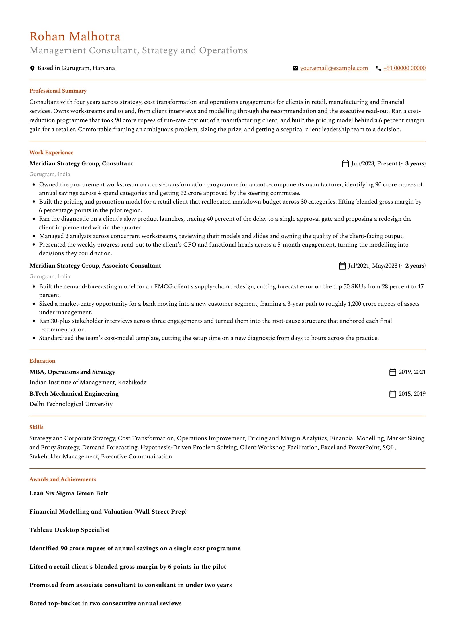 Management Consultant resume example for Associate Consultant (4 years), professional template, showing professional summary, work experience, skills, education and certifications