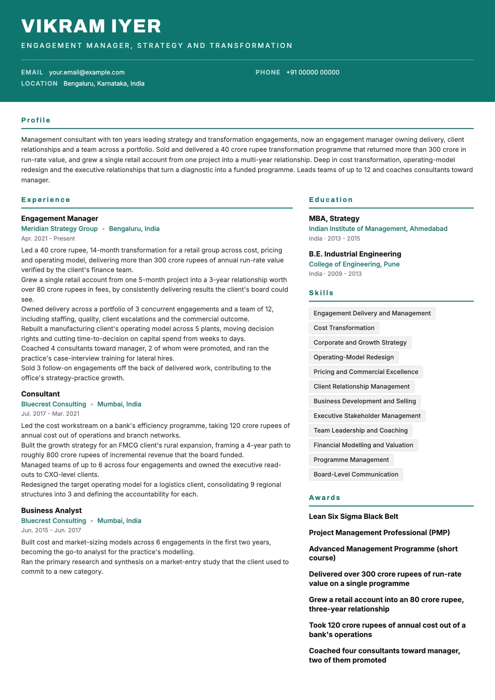 Management Consultant resume example for Engagement Manager (10 years), header-band template, showing professional summary, work experience, skills, education and certifications