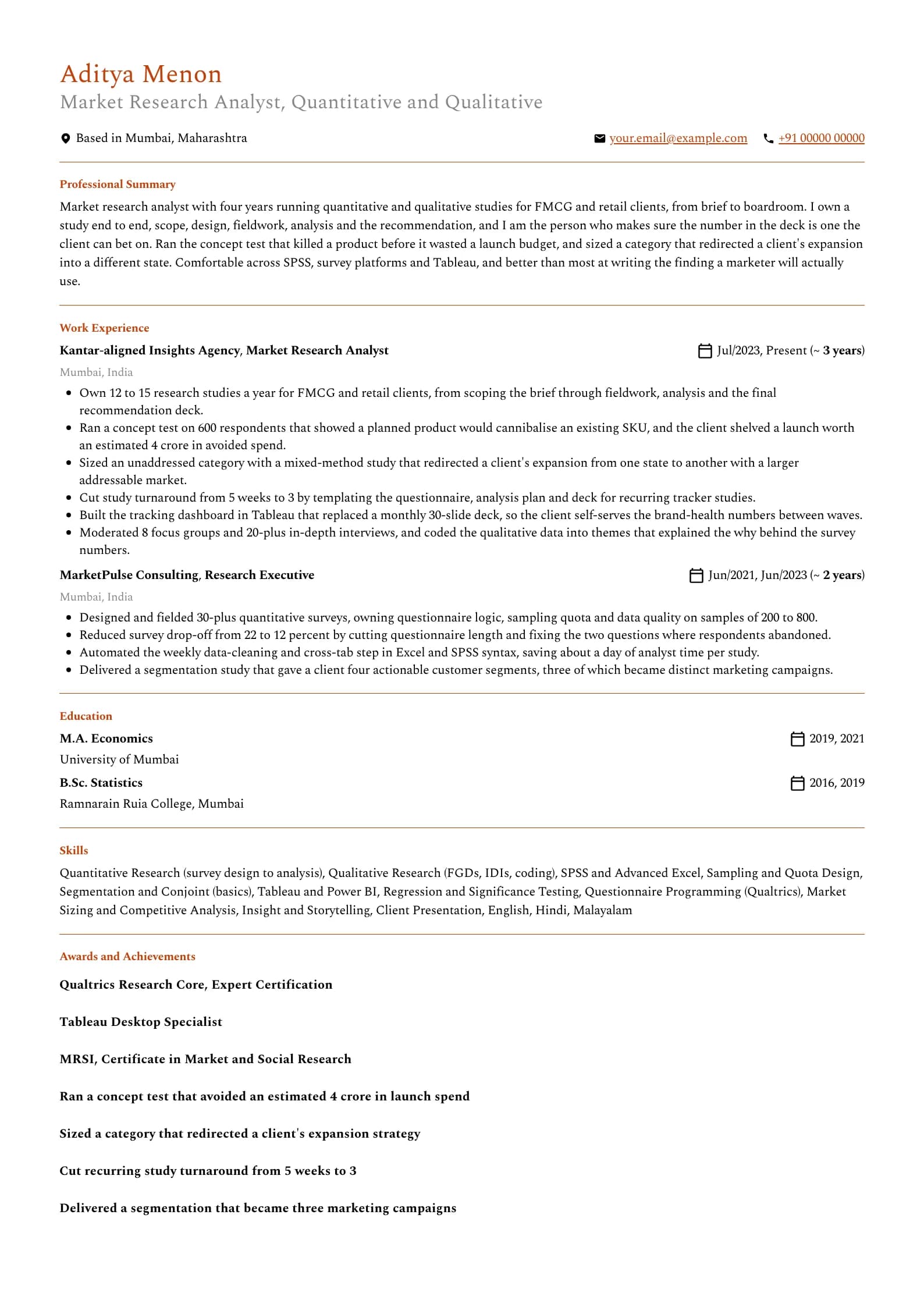 Market Research Analyst resume example for Mid-level (4 years), professional template, showing professional summary, work experience, skills, education and certifications
