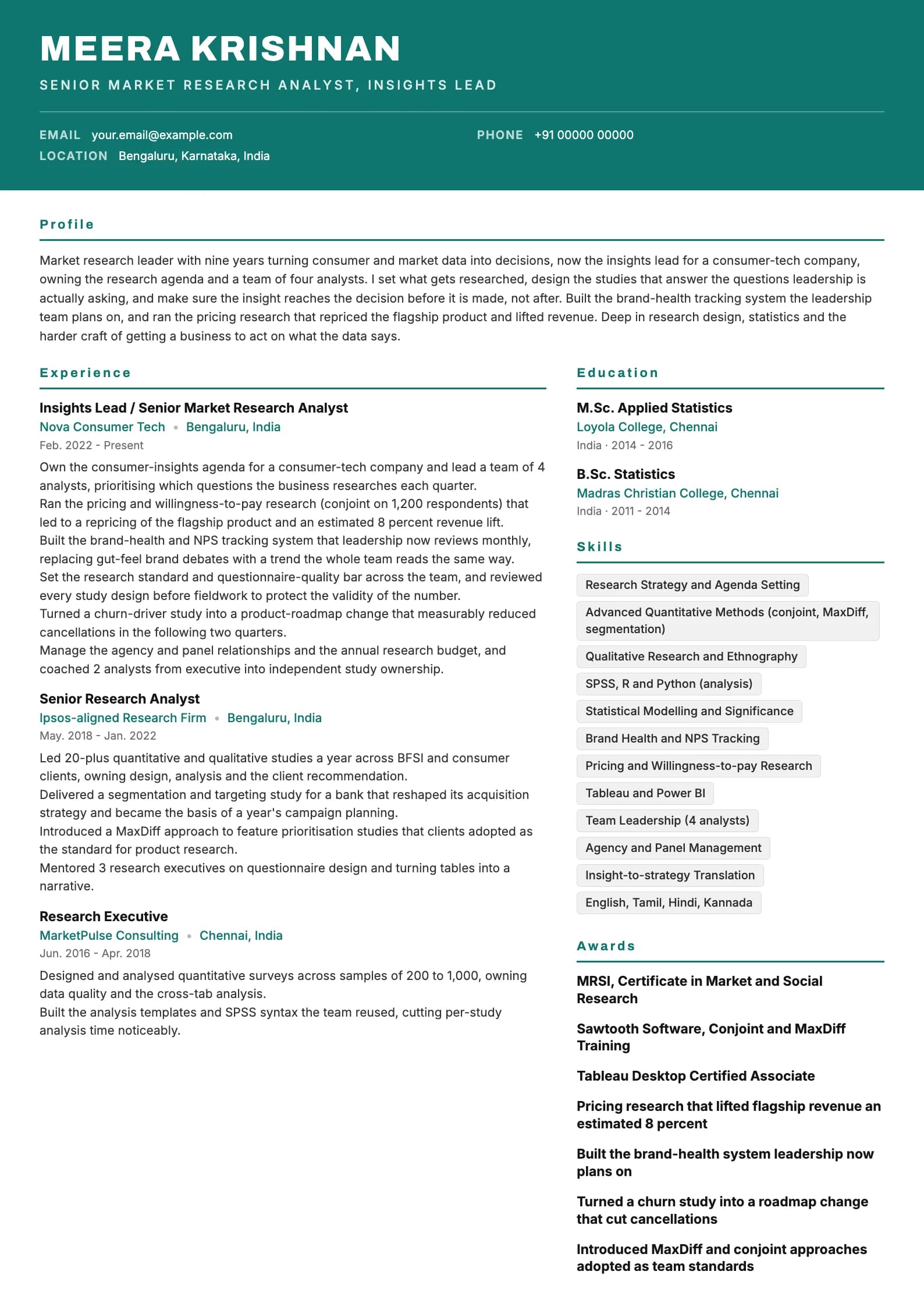 Market Research Analyst resume example for Senior (9 years), header-band template, showing professional summary, work experience, skills, education and certifications